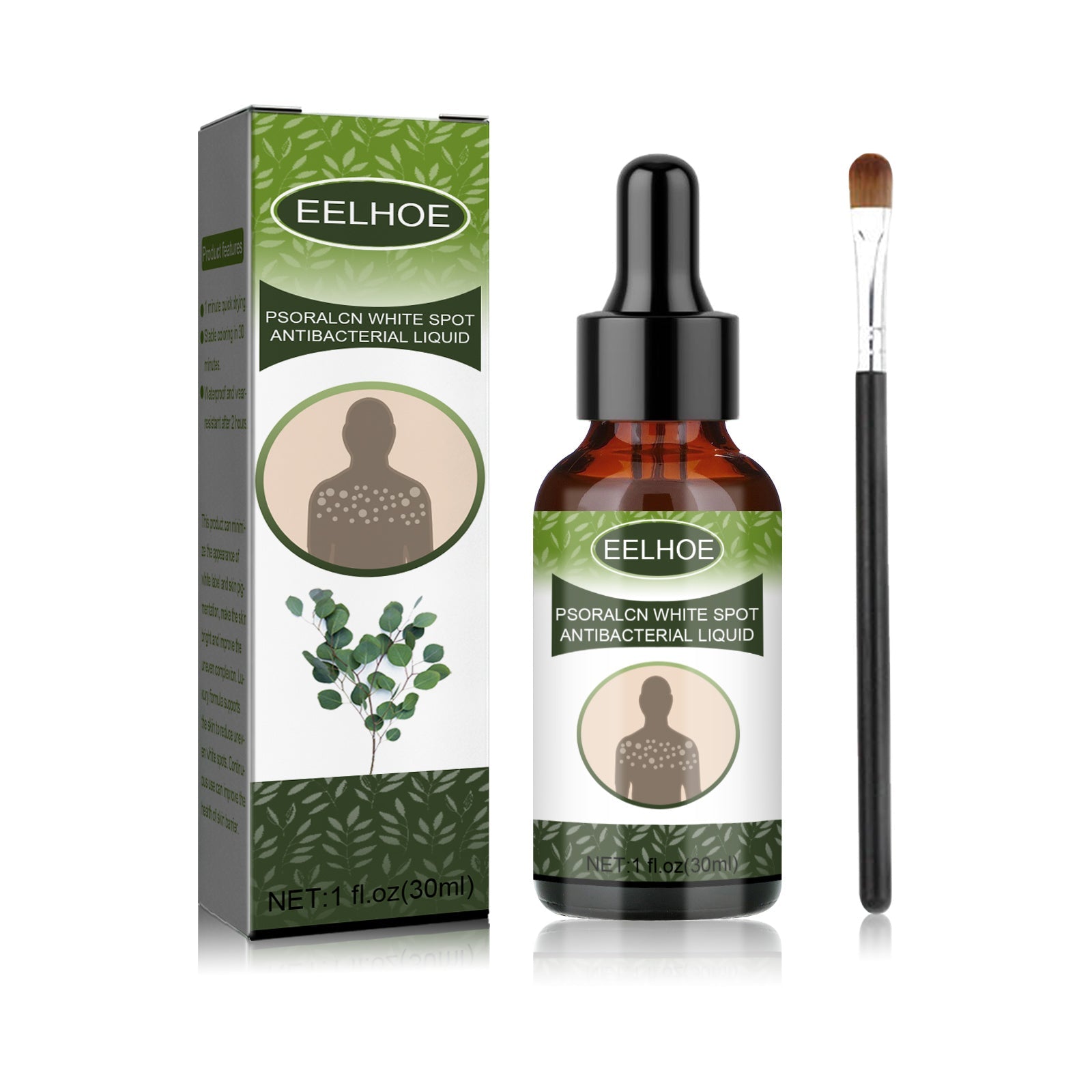 Product packaging showing EELHOE Psoralcn White Spot Antibacterial Liquid box with botanical leaf graphics and size specification
