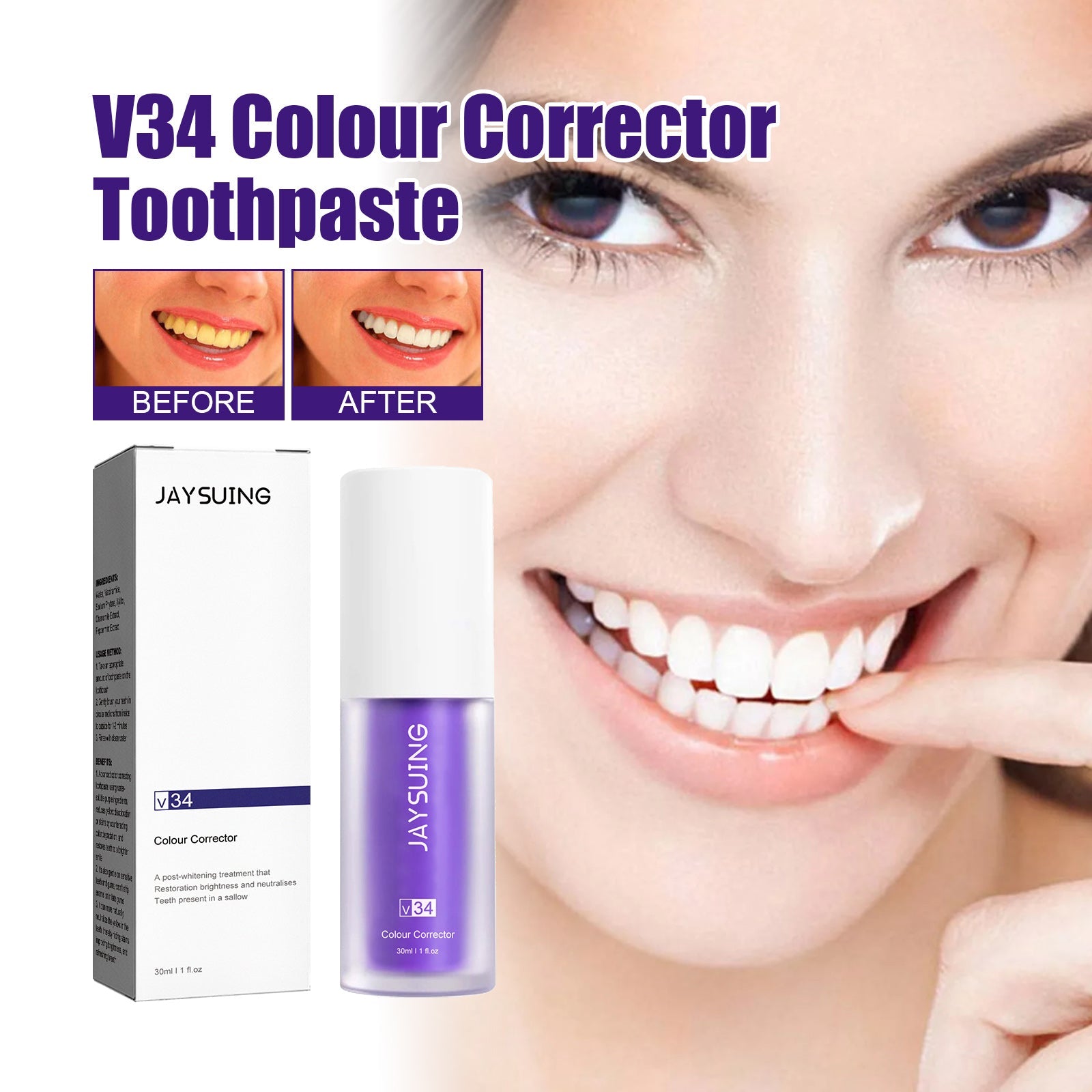Close-up of bright white teeth with yellow toothbrush, diamond icon, and benefits list highlighting colour correction and gentle formula