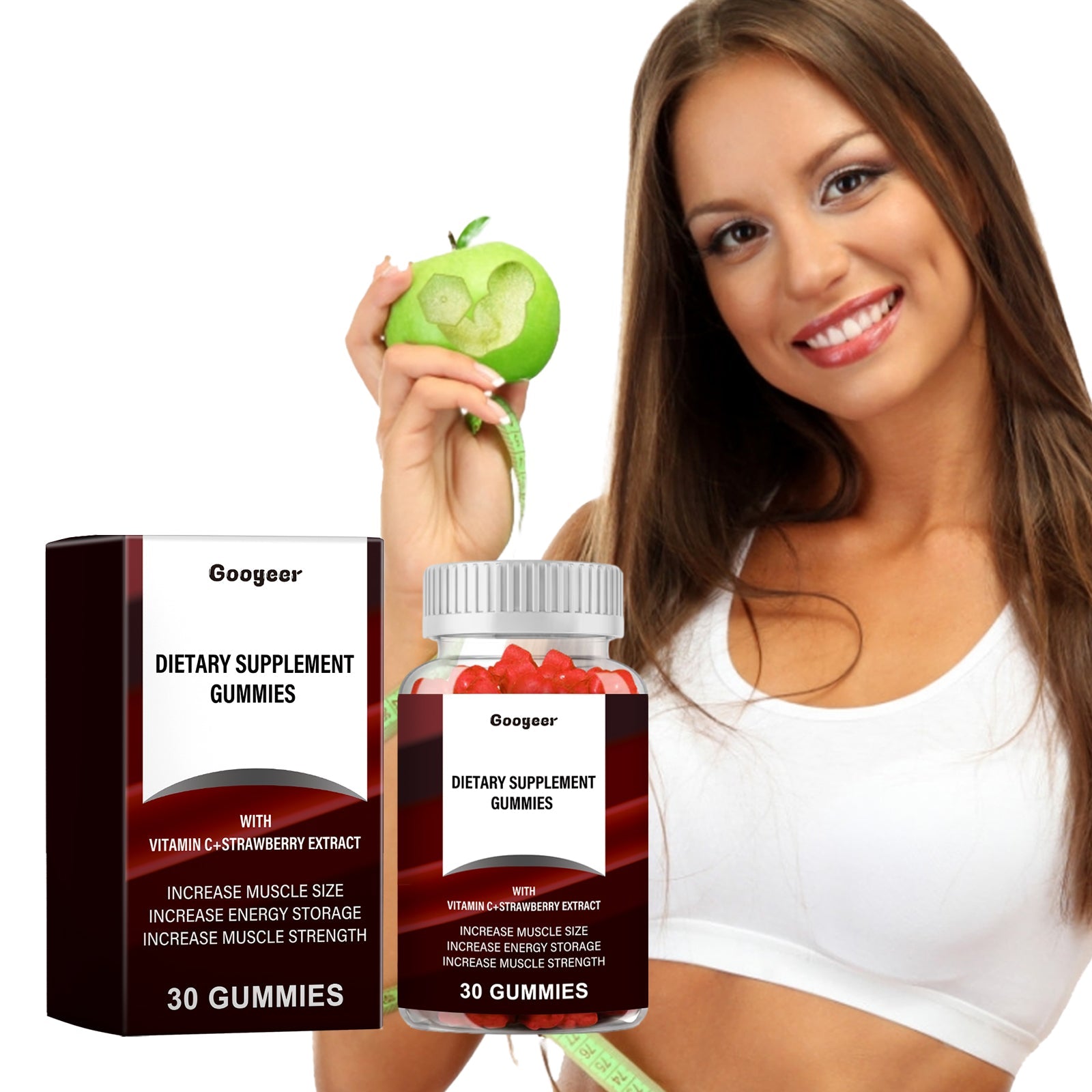 Healthy woman holding supplement bottle alongside fresh green apple, smiling confidently in white workout top
