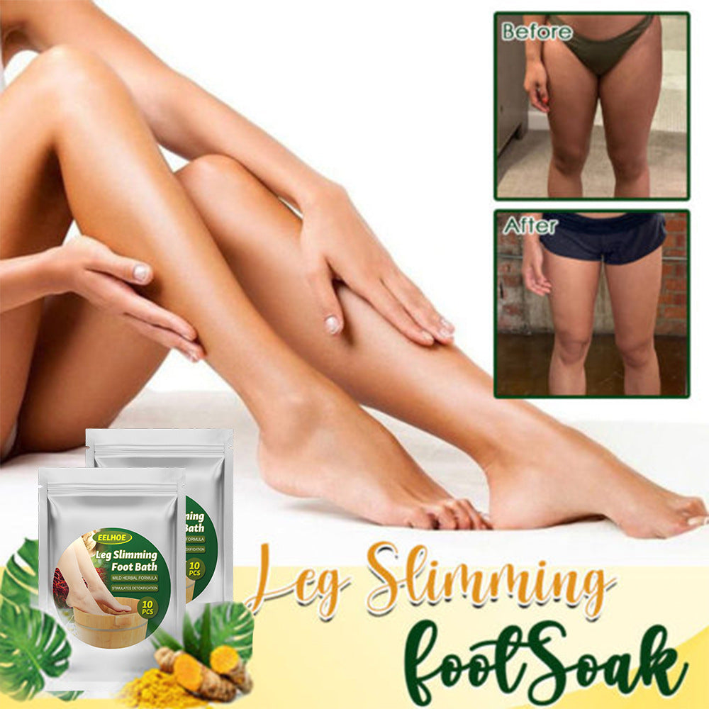 Foot soaking demonstration with magnified herbal infusion detail; benefit icons for circulation, detox, slimming and muscle relief