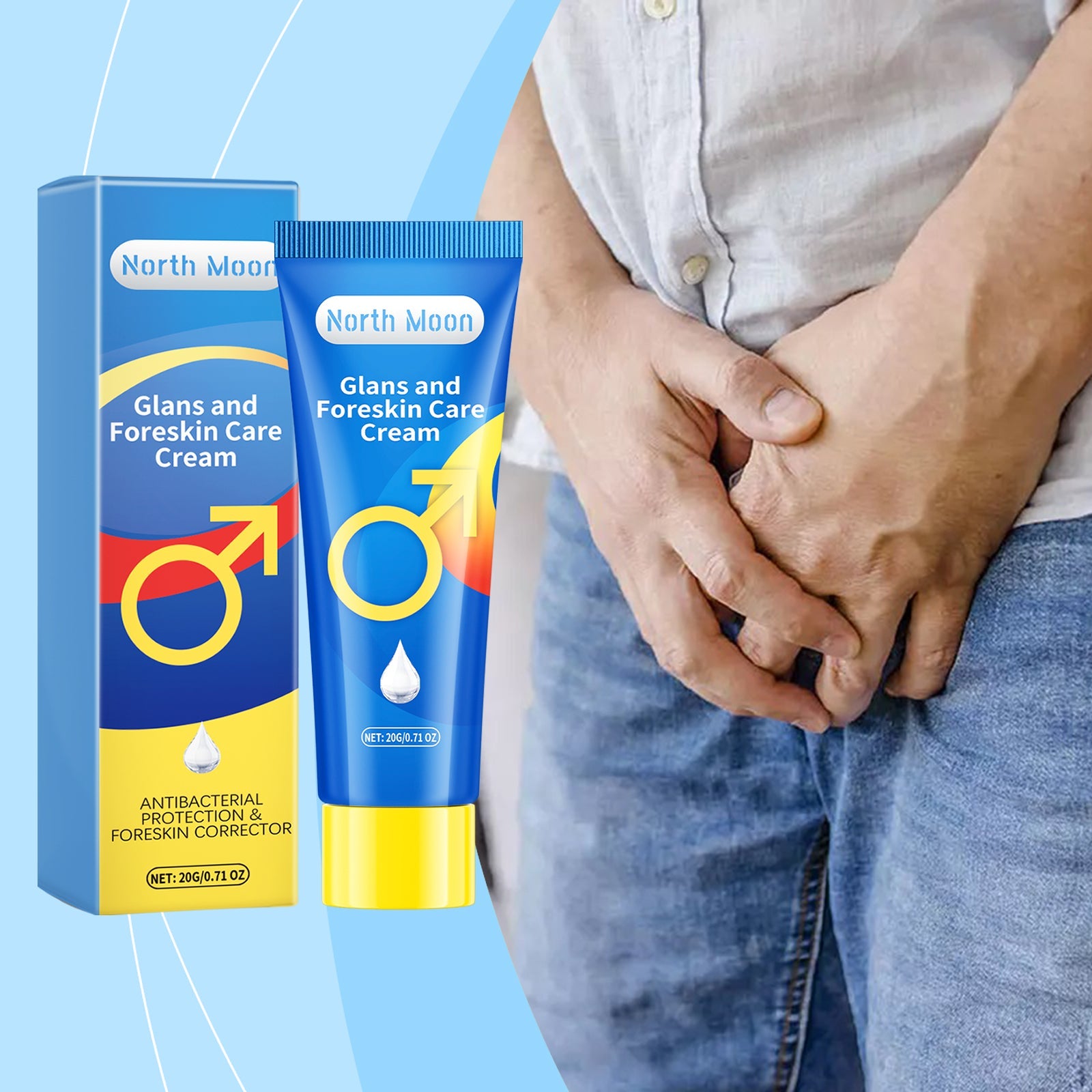 Man applying cream to groin area with product packaging visible on left side