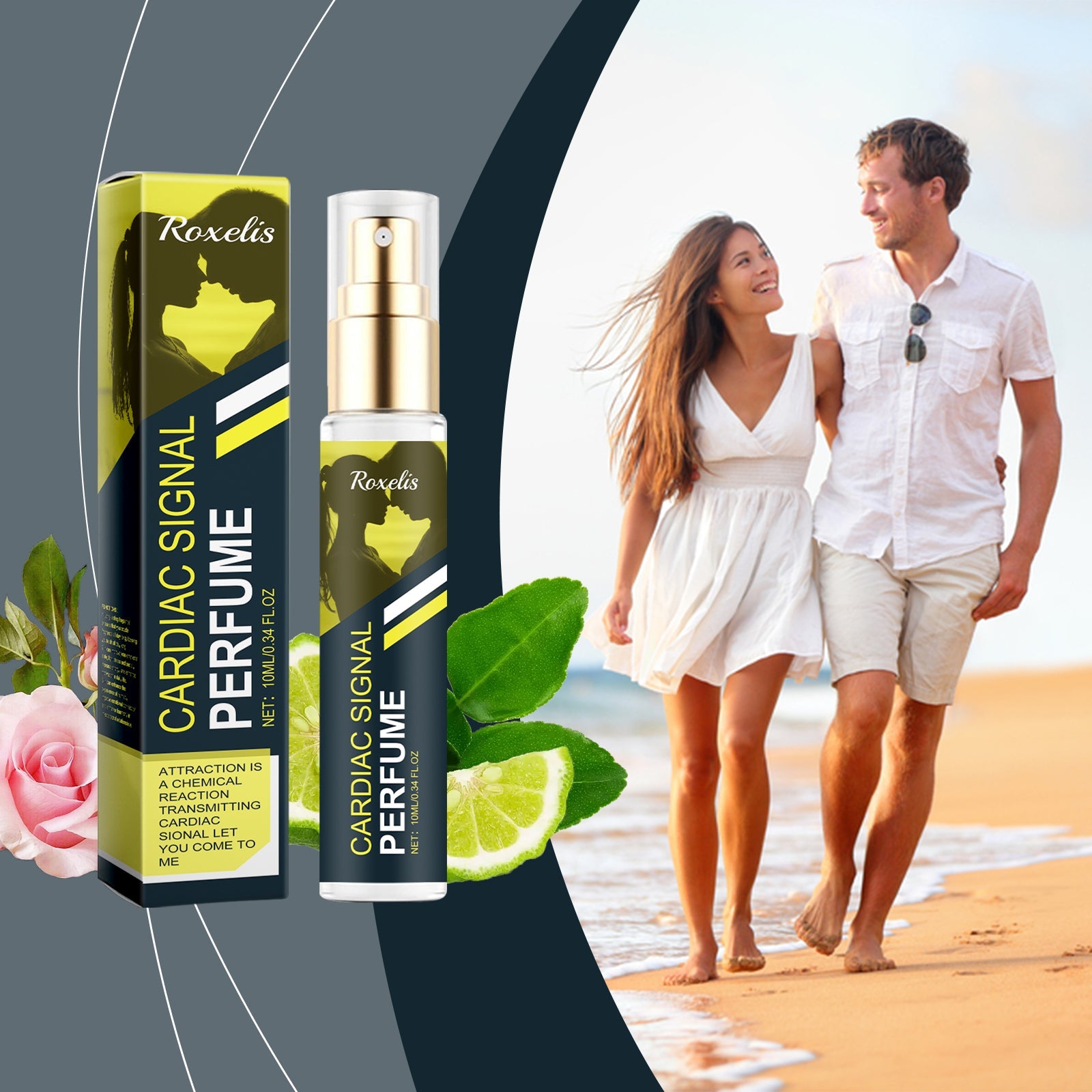 Couple walking on beach in white casual summer clothing with product and fresh lime mint garnish displayed