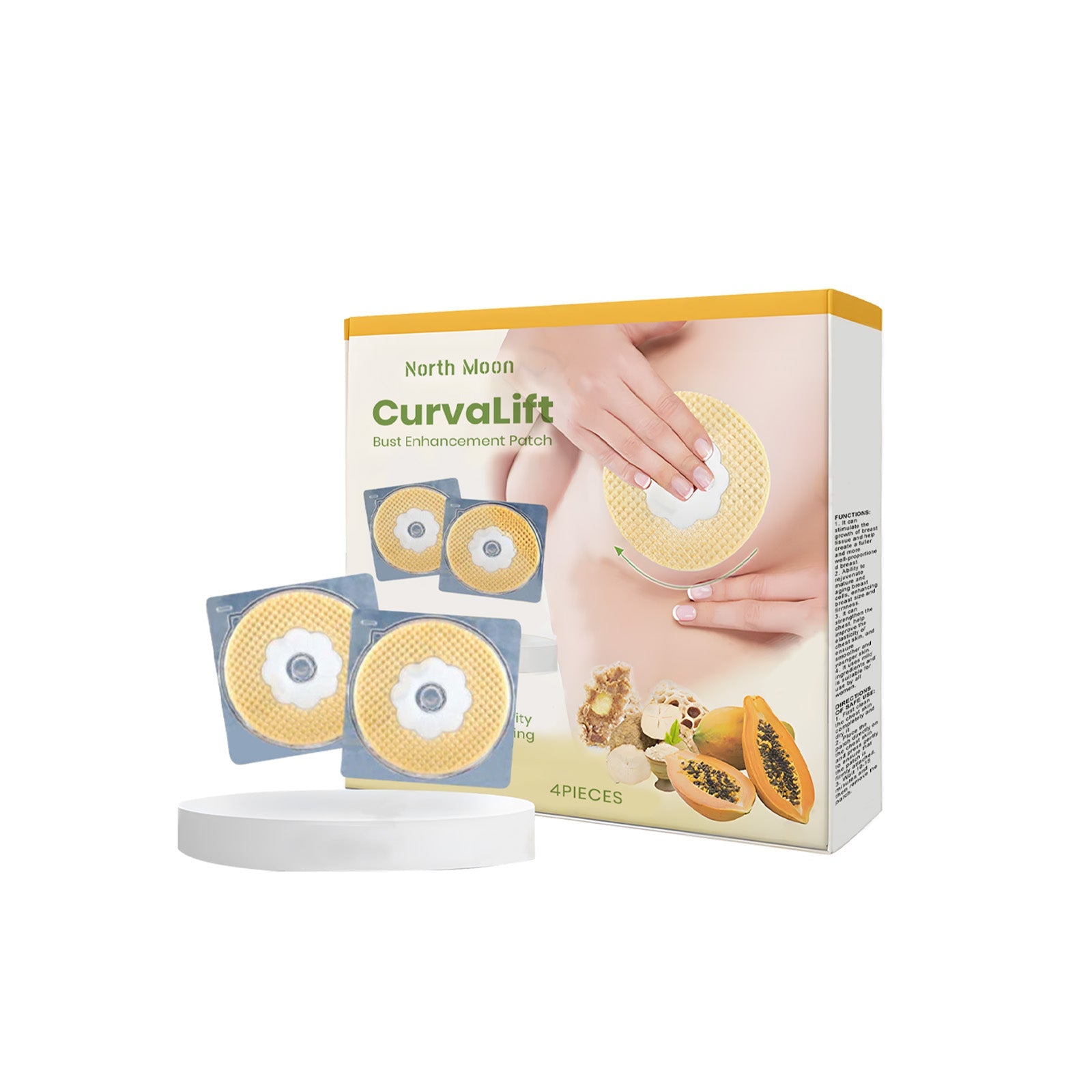 Woman wearing white tank top holding CurvaLift box against her chest with golden wave design background