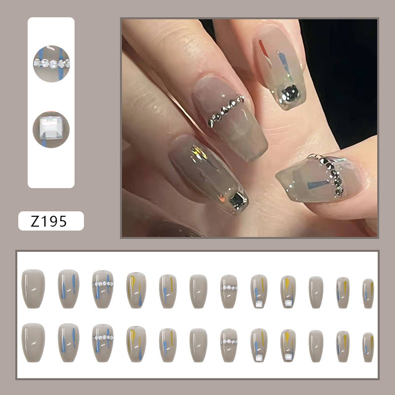 Transparent Gray Press-On Nails With Crystal Nail Art