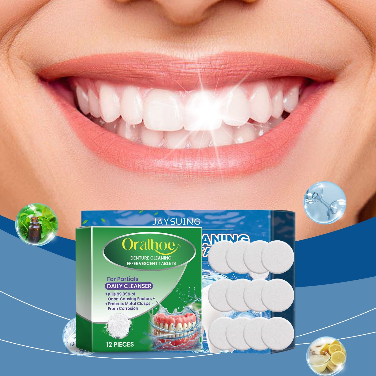 Young woman with bright white smile showing product packaging and tablets integrated into natural lifestyle setting