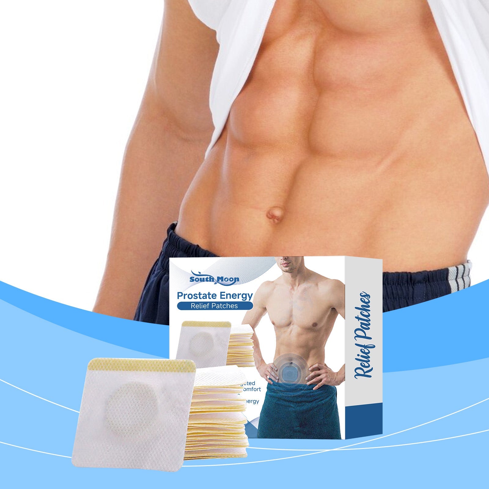Shirtless man demonstrating patch placement on lower abdomen with blue wave design background