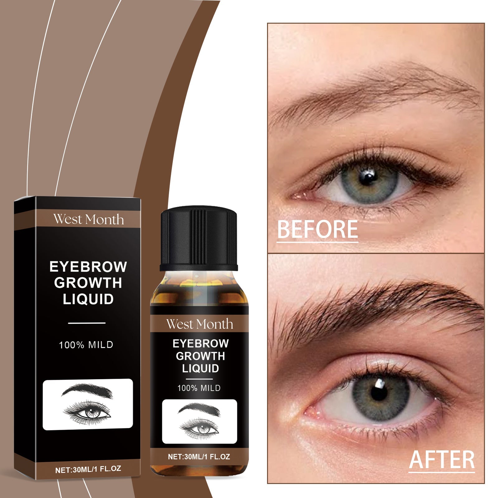 Woman's face in profile showcasing thick, well-defined eyebrows with two benefit cards highlighting 'ACCELERATED GROWTH' and 'DEEP NOURISHMENT' mechanisms