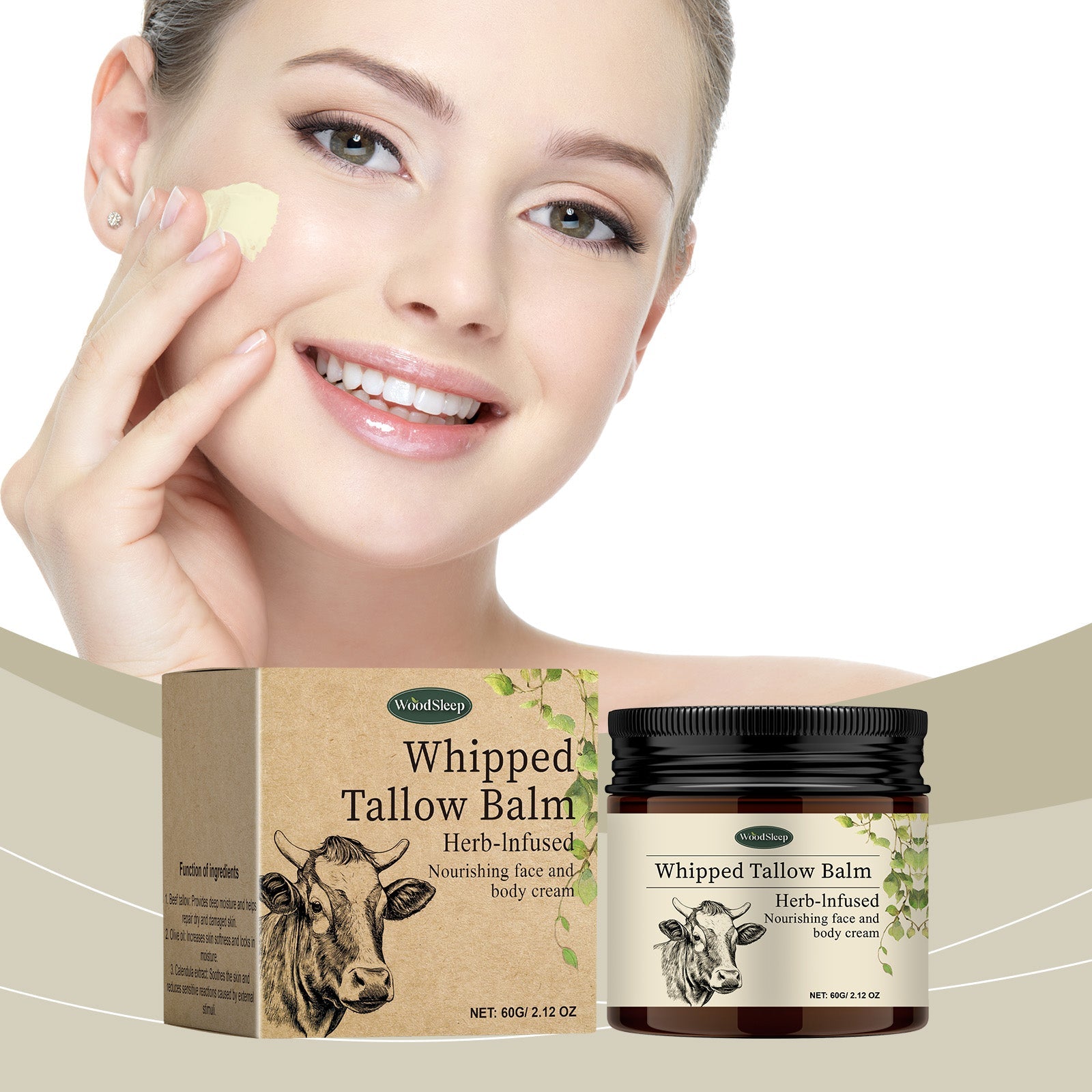 Woman with glowing skin applying pale yellow cream to cheek, smiling with satisfaction; packaging shown below with beige gradient background