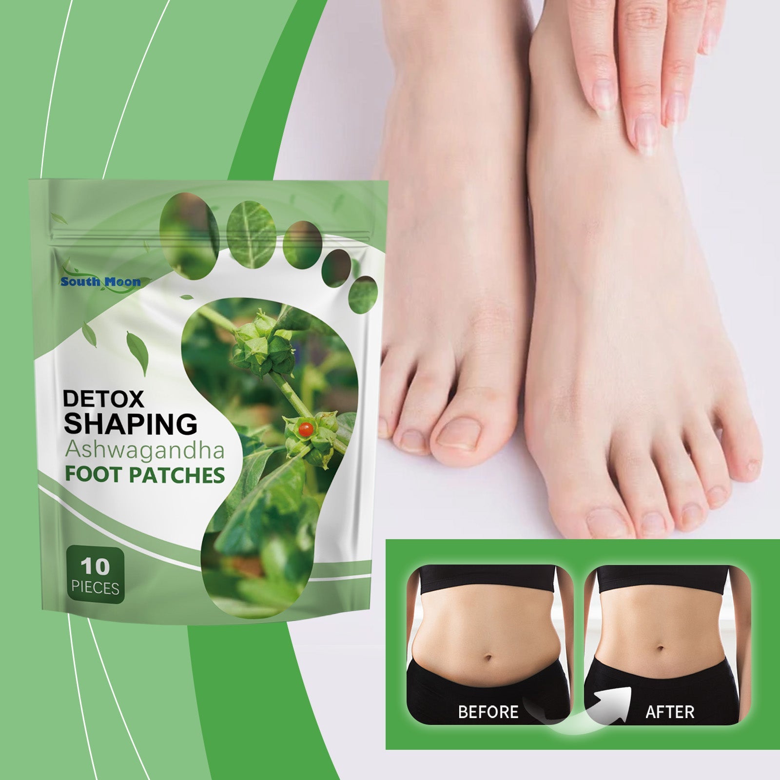 Hands applying patch to clean feet on white textured surface, with botanical ingredient callouts and usage benefits displayed