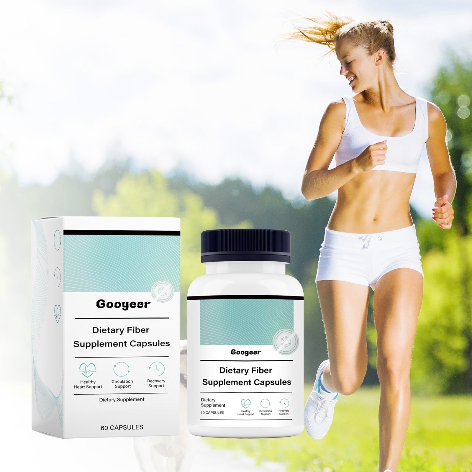 Fit young woman jogging outdoors with natural green landscape background, with Googeer products positioned in foreground