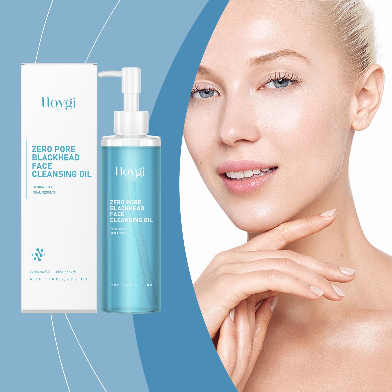 Woman's face showing clean, glowing skin texture after using the cleansing oil; product bottles positioned alongside
