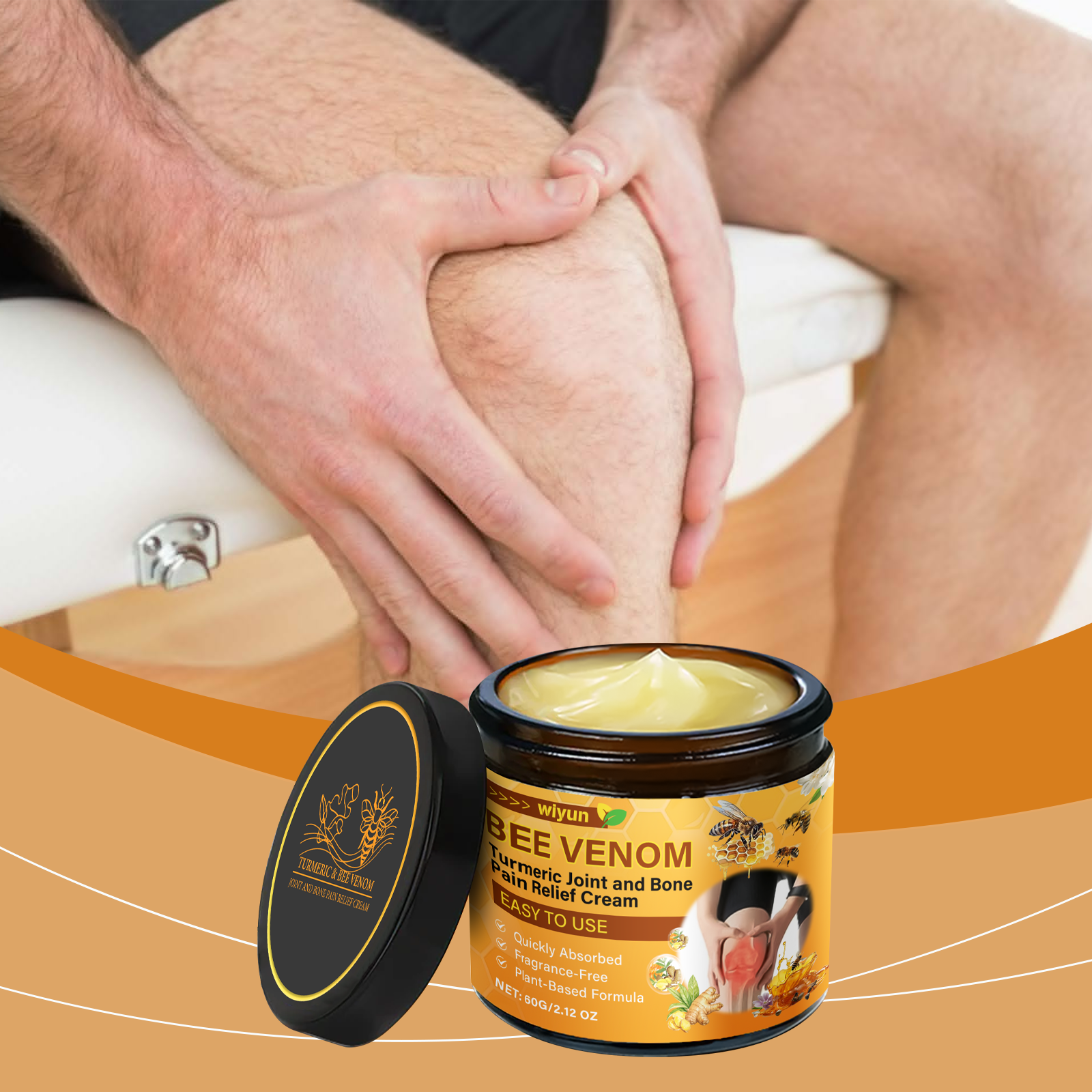Man massaging knee with cream applied, demonstrating product in use on joint area