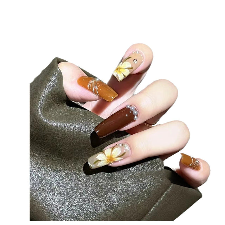 Press-On Nails — Hand-Painted Camellia & Pearl Accents