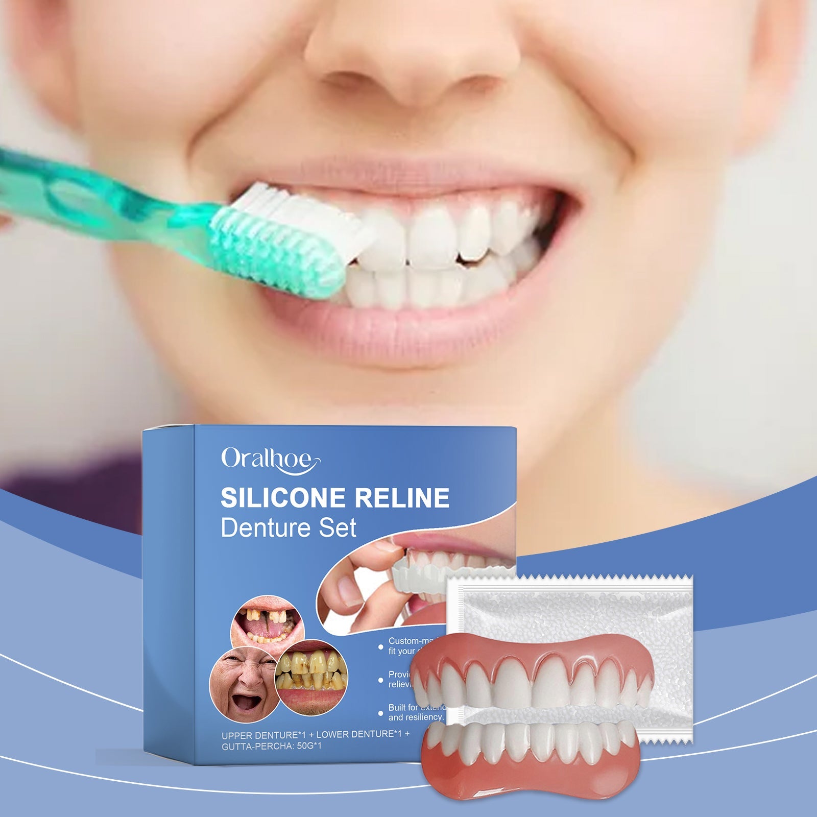 Young woman brushing her teeth with turquoise toothbrush, displaying bright white smile