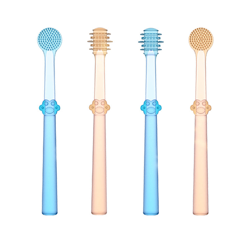 Four baby toothbrushes in blue and peach colors showing two brush head types — round soft bristles and vertical nub texture — with paw-print grip rings