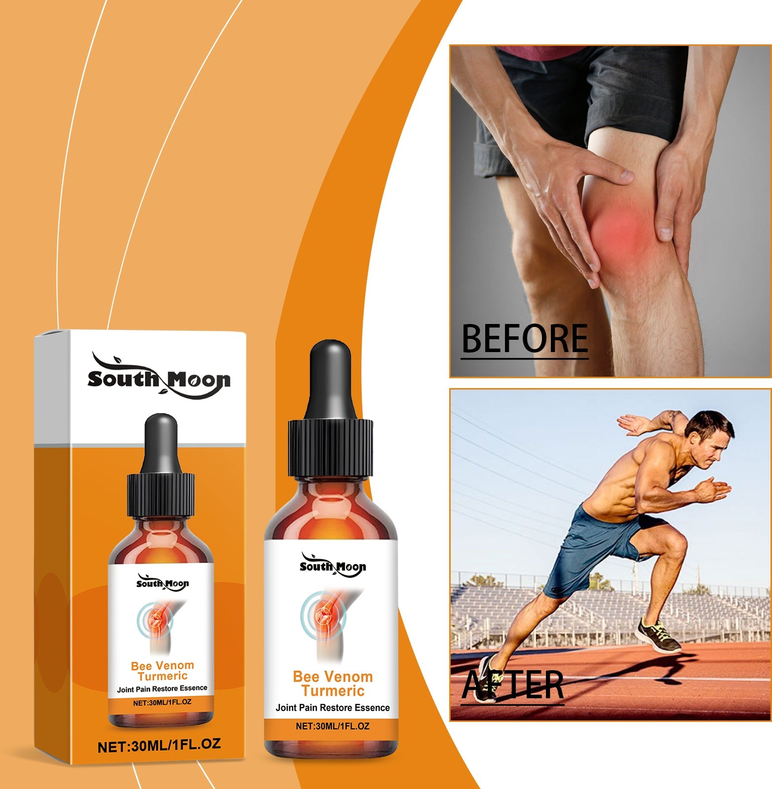 Close-up of hands massaging knee joint with orange accent panels displaying dual benefits: pain relief and flexibility enhancement