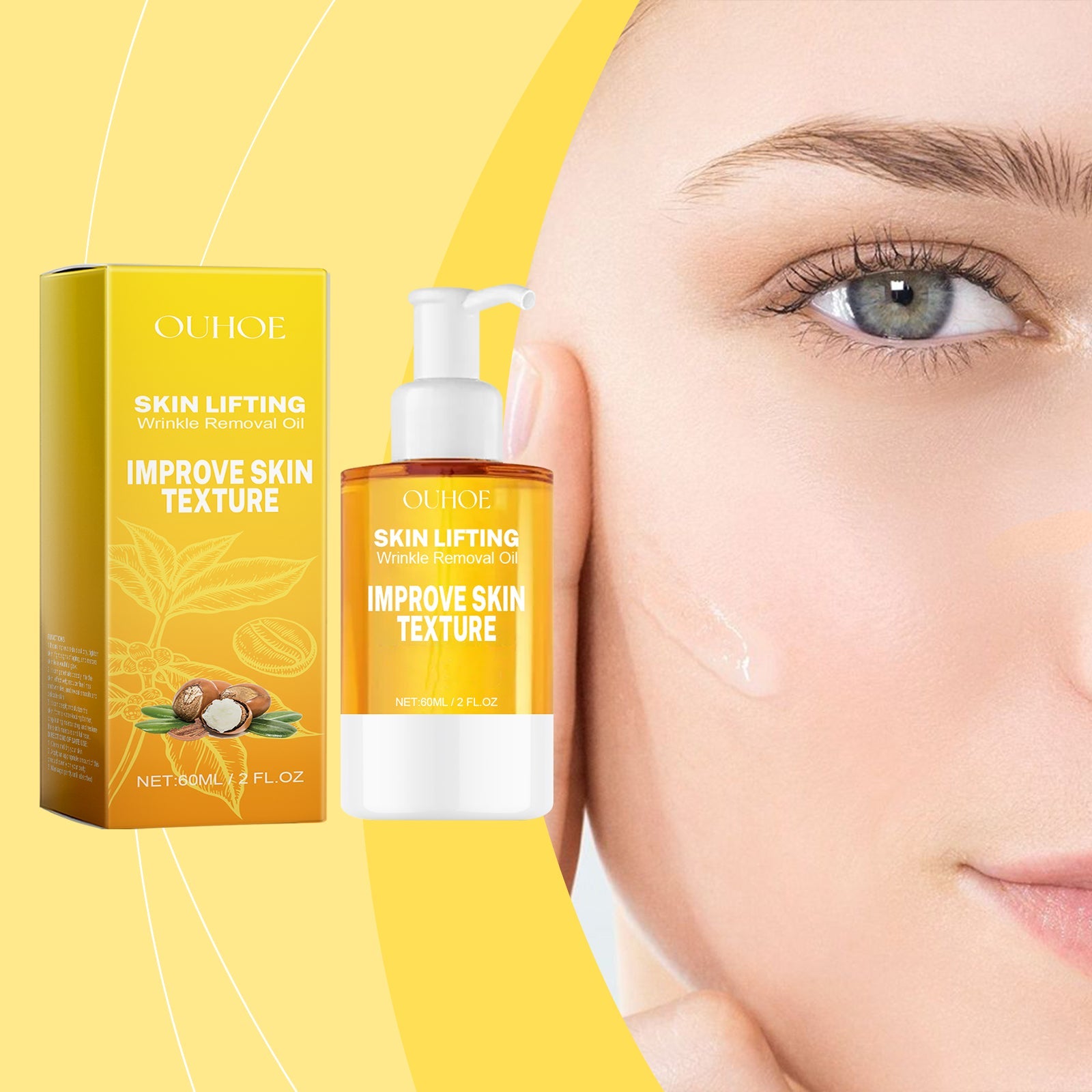 Woman's face profile with product bottle and box, bright yellow geometric background, showing application area near cheek and eye