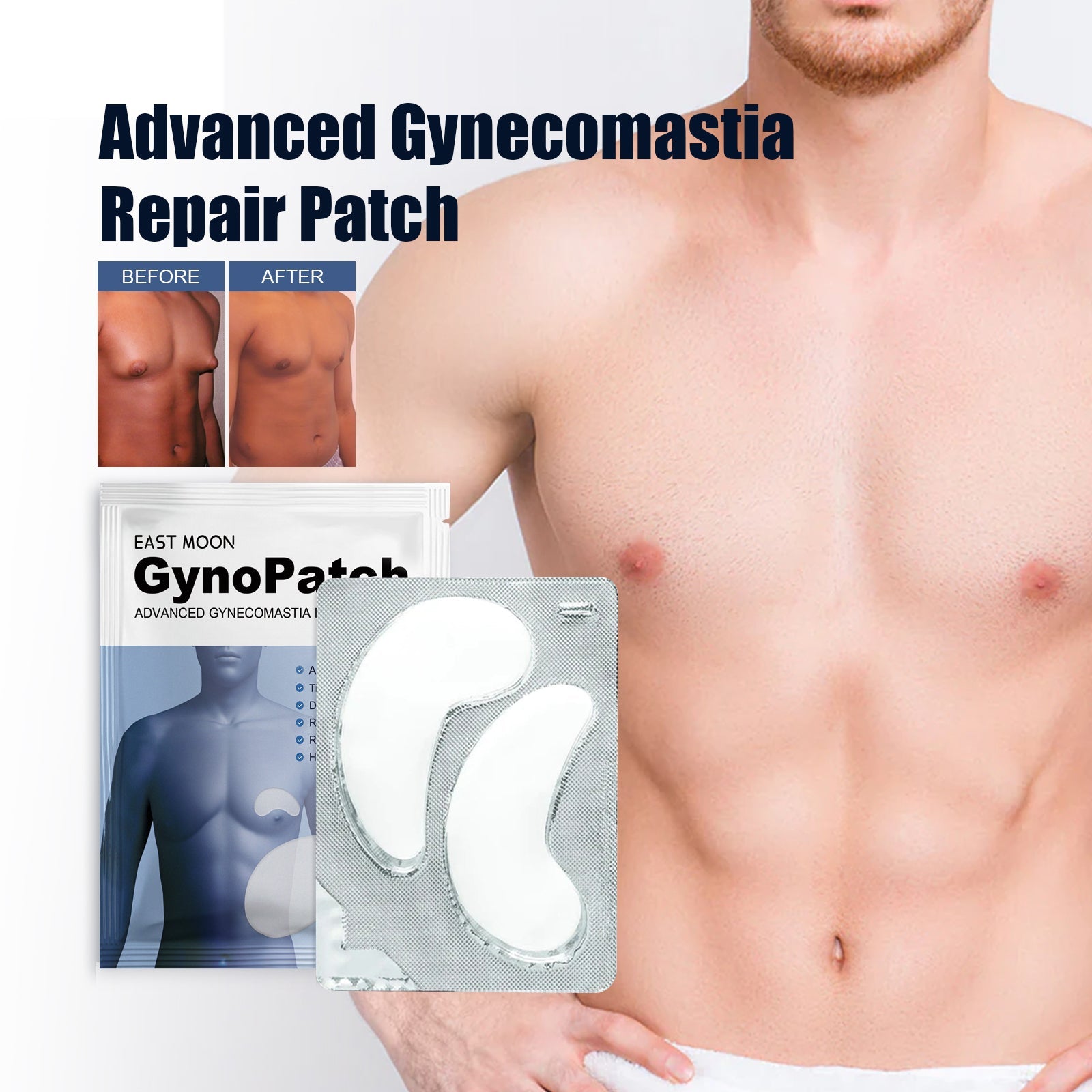 Side-by-side before/after photography with clinical before image and after image showing improved chest contour, plus anatomical profile diagrams showing body shape progression