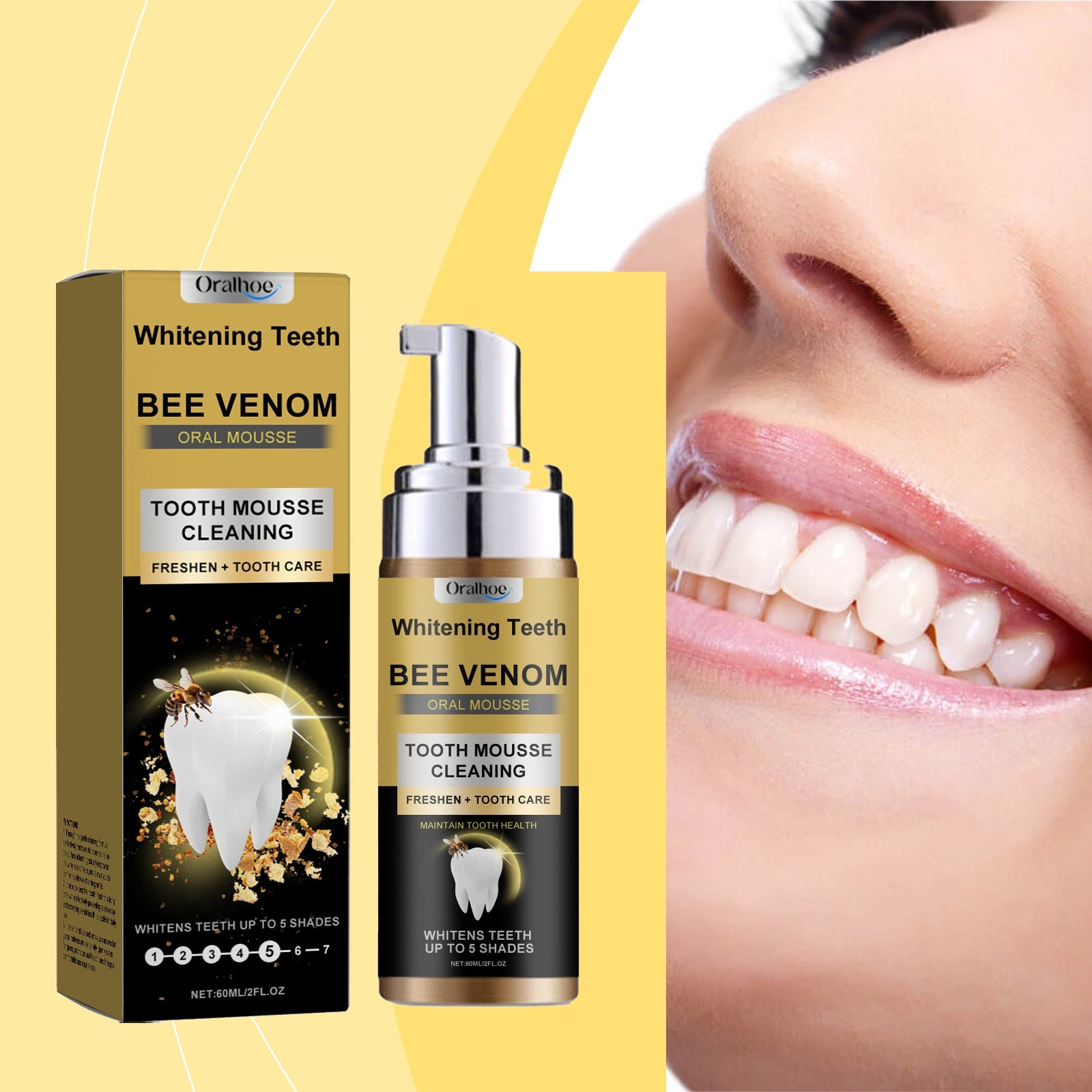 Close-up of woman's smiling mouth showing bright white teeth against pink lips with product and packaging on yellow background