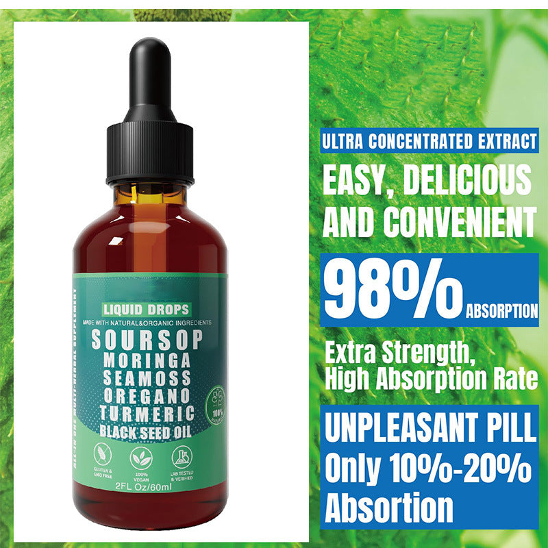Close-up of deep amber liquid in glass bottle with teal label against vibrant green leaf background, paired with absorption rate comparison chart