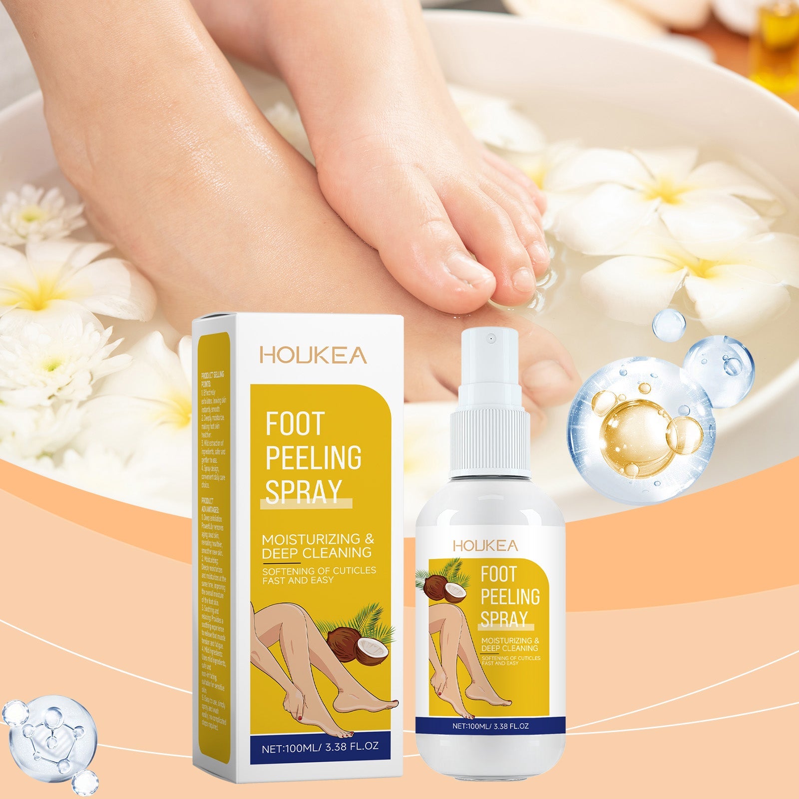 Woman's feet soaking in water with white flowers, hands applying product, water droplets and bubble graphics visible