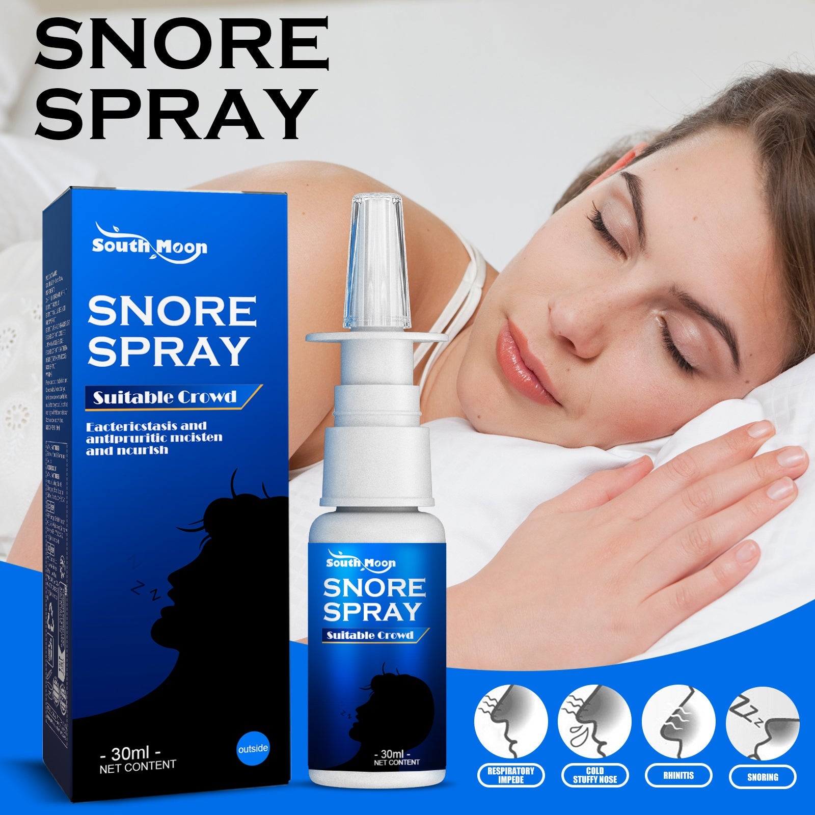 Woman peacefully sleeping with product and packaging displayed; four symptom icons show respiratory impede, cold stuffy nose, rhinitis, and snoring benefits