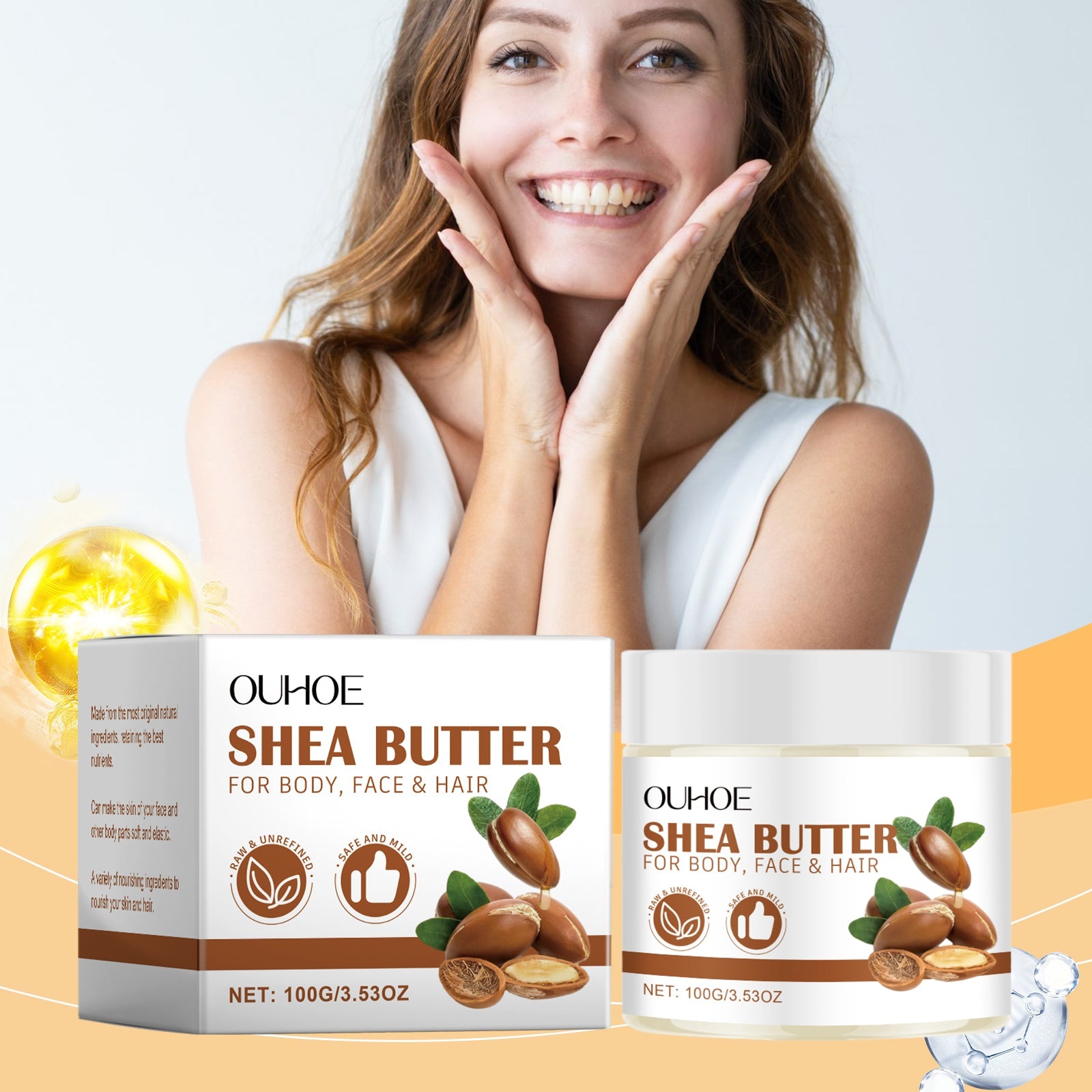 Happy woman with glowing skin touching face, surrounded by product packaging with citrus slice and water droplets on warm orange background