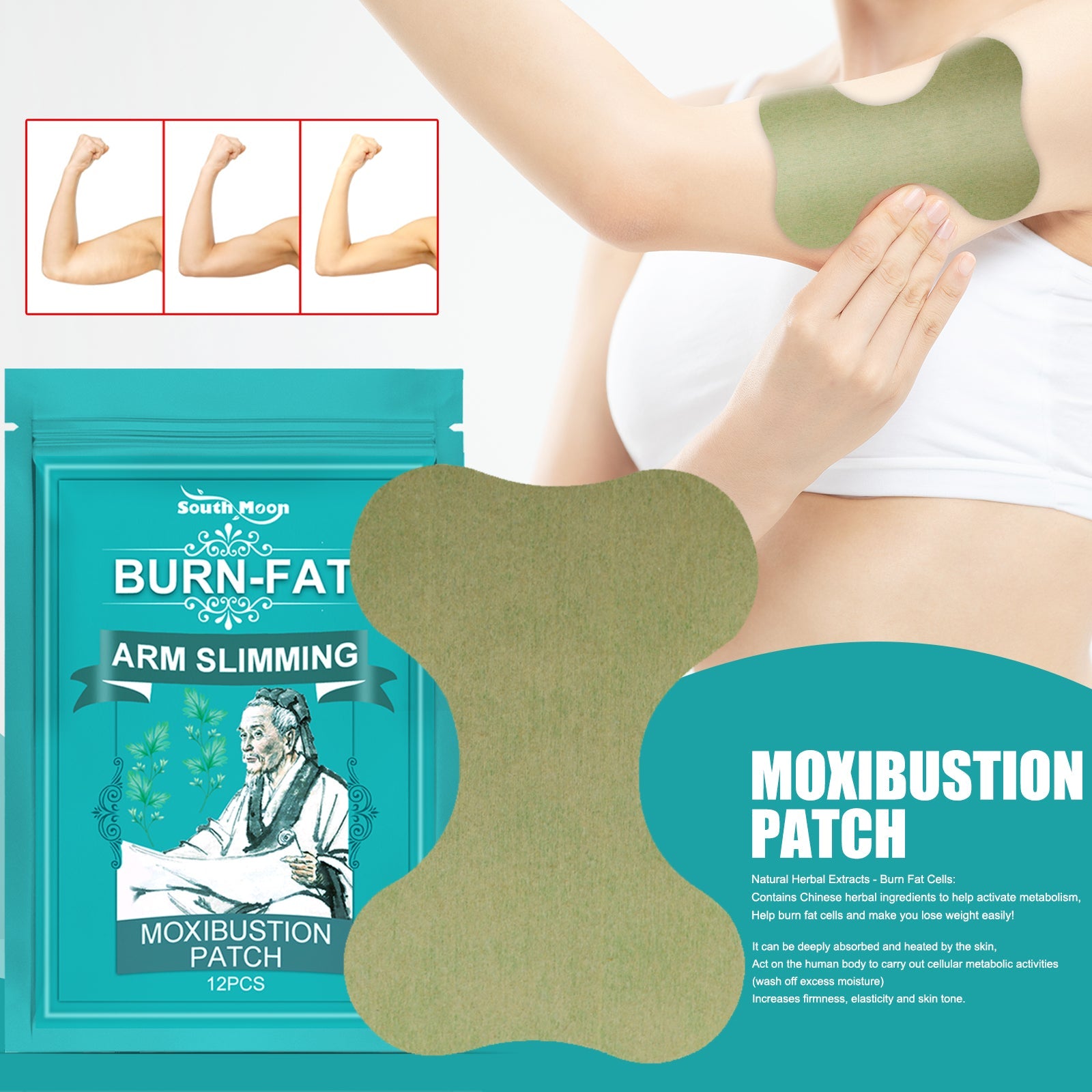 Illustration of woman wearing black sports bra with sage-green bone-shaped patch placement; circular badge '12 PCS'; red thermal heat indicators showing activation; green benefit arrows; motivational text 'YOU JUST HAVE TO TRY IT ONCE—Enjoy a healthy life'