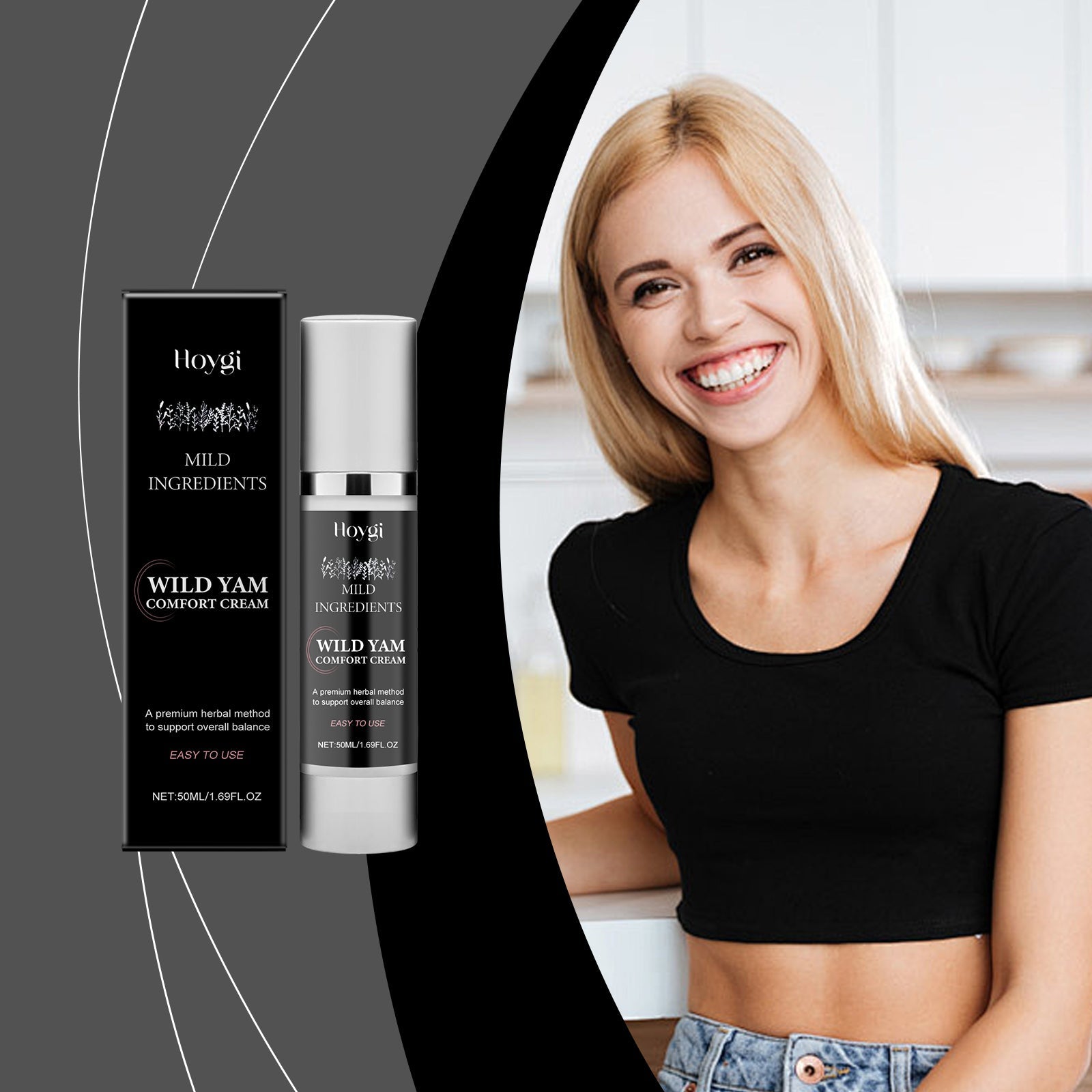 Happy young woman with blonde hair smiling, holding product box and bottle against geometric black and white background