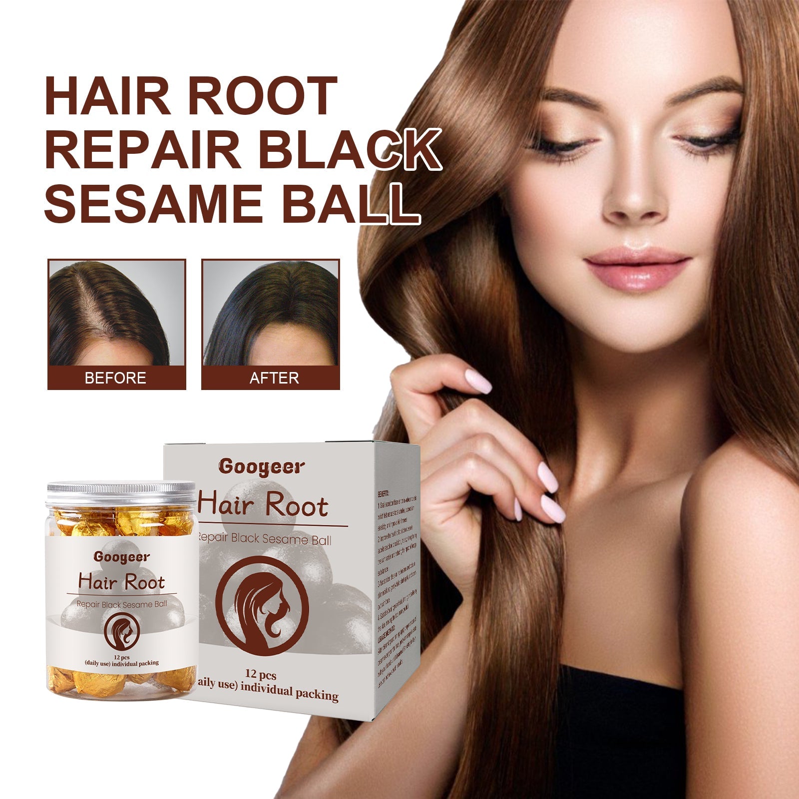 Four-step illustration showing hair growth progression and before/after scalp transformation comparison