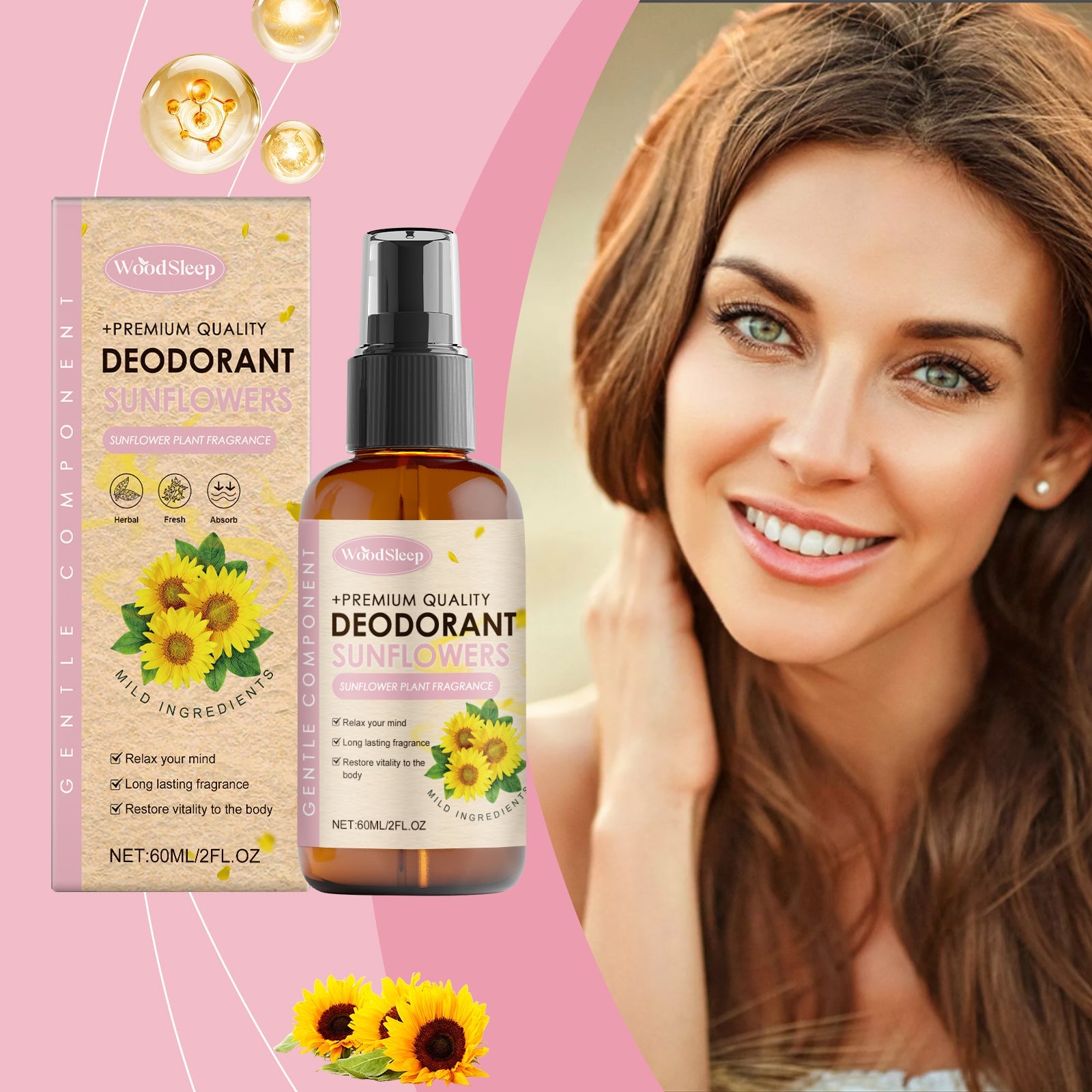 Happy, smiling woman with long brown hair against pink background, positioned with deodorant bottle and packaging, surrounded by sunflower details and golden oil droplets