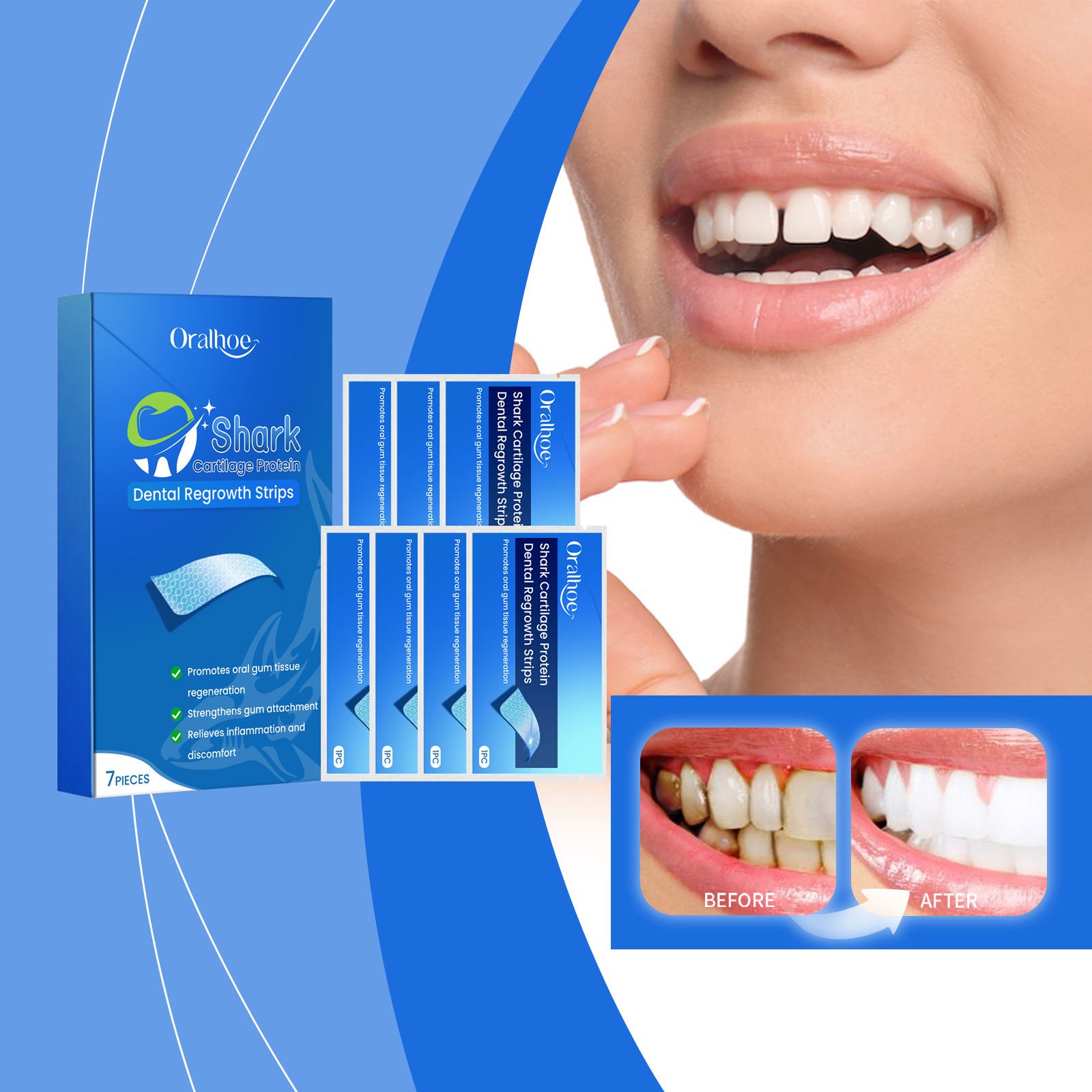 Woman applying strip to teeth with product name and descriptive text about shark cartilage protein, fresh breath, whitening maintenance, and gum health protection