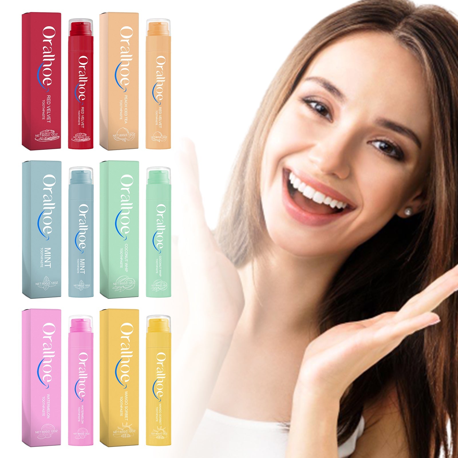 Full product line showing 6 toothpaste variants in red, tan, blue, green, pink, and yellow with corresponding boxes and lifestyle model smiling