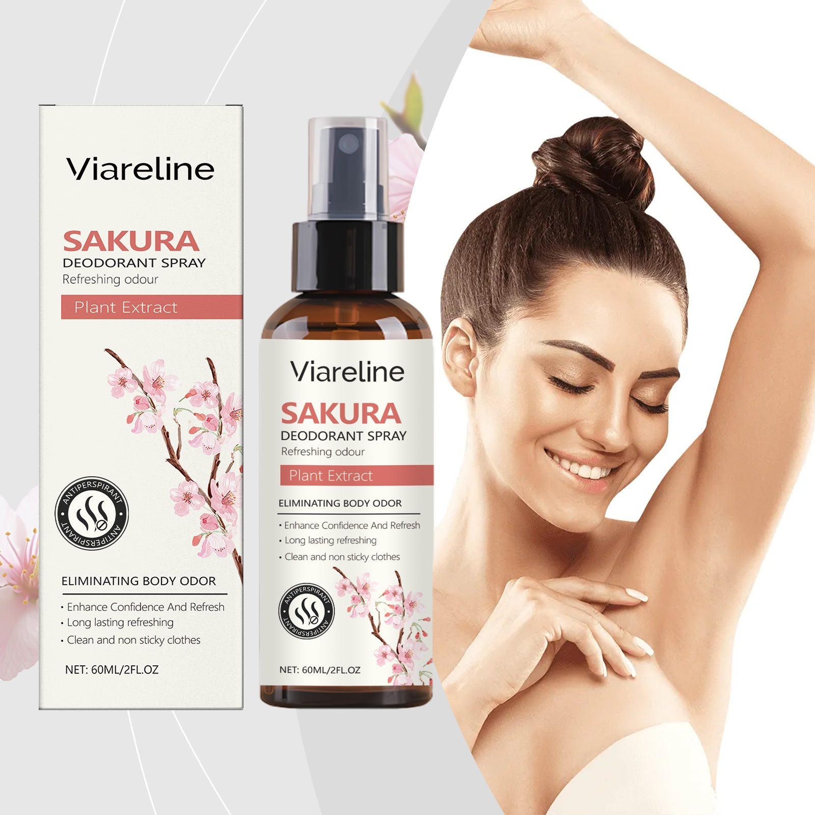 Woman with confident smile applying deodorant to underarm area, raised arm pose