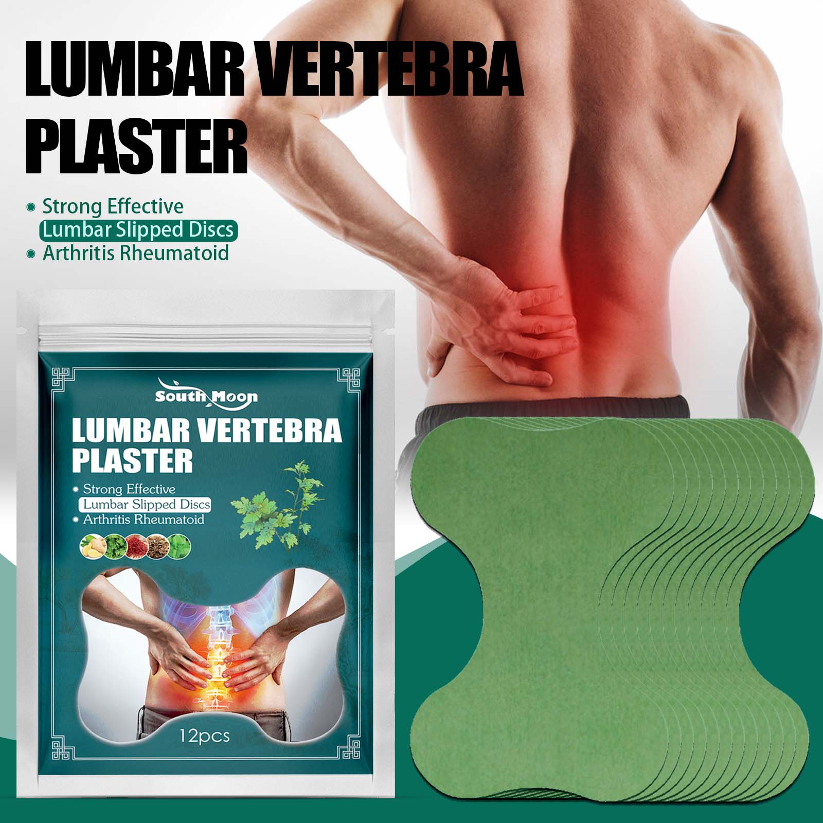 Close-up of sealed South Moon Lumbar Vertebra Plaster box showing teal packaging, herbal ingredient icons, spine anatomy illustration, and 12pcs count
