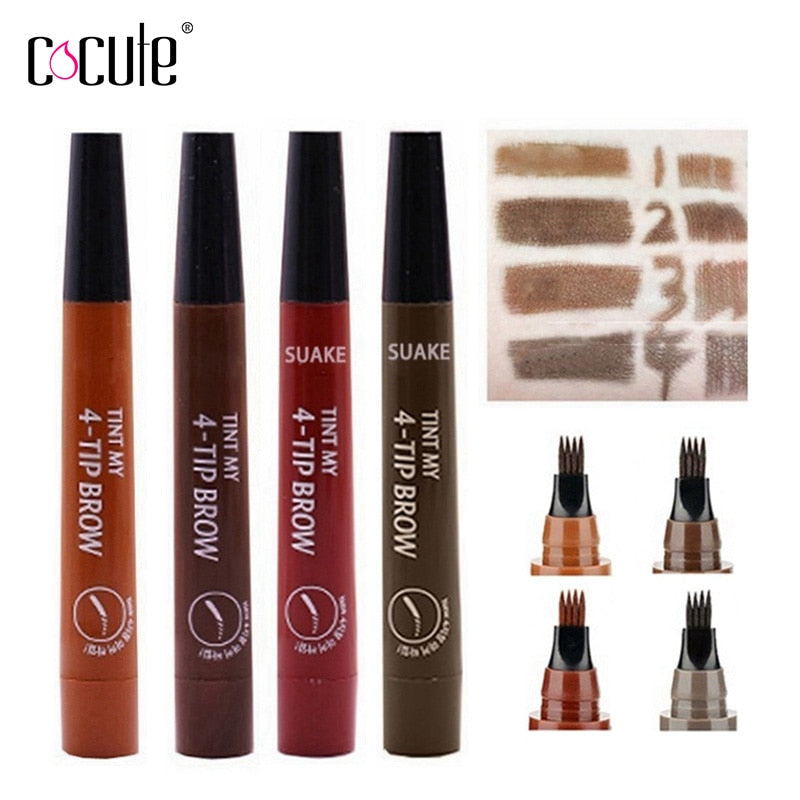 Four product shades displayed (Light Brown, Dark Brown, Burgundy, Taupe) with color swatches and four microblade applicator variations