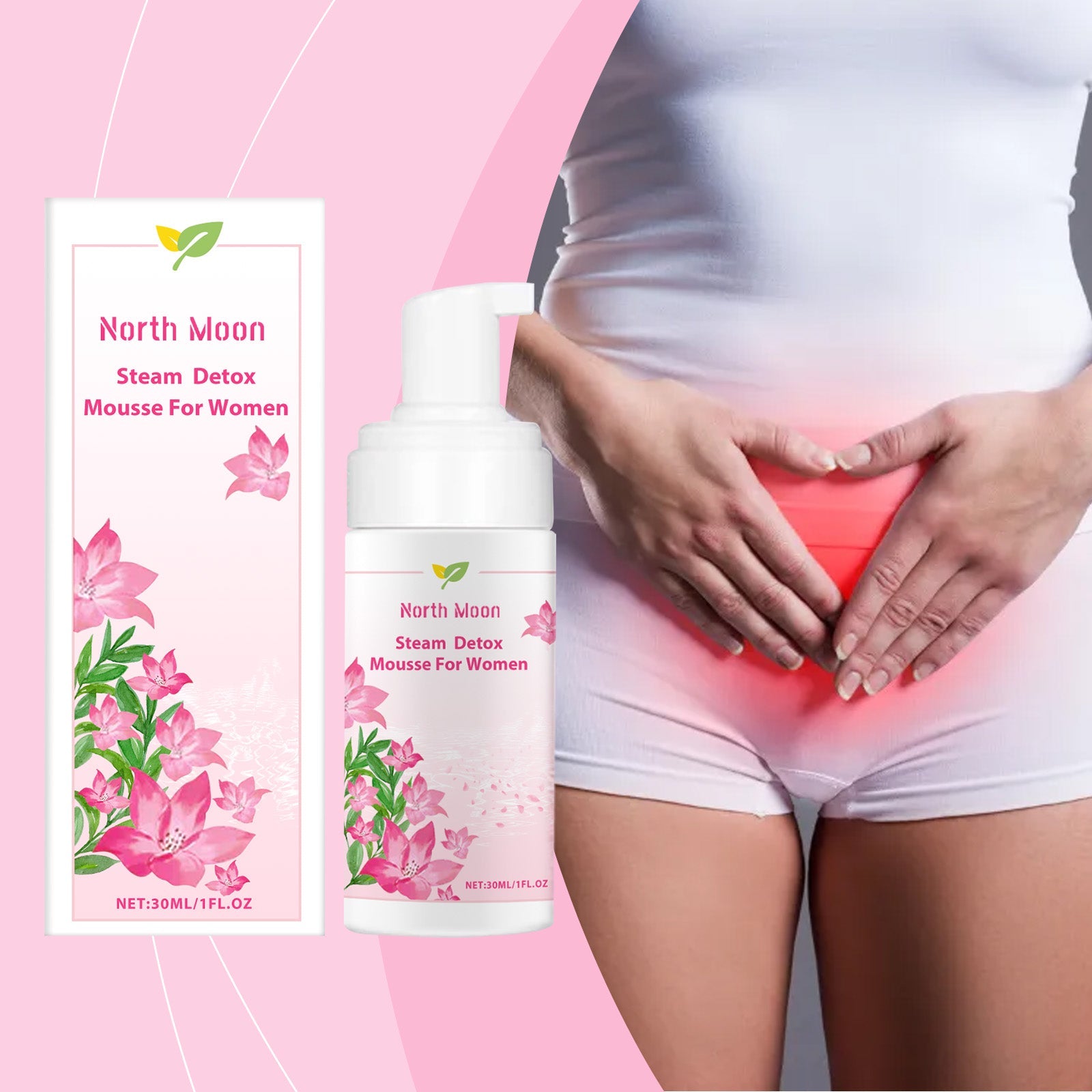 Woman in white undergarments holding abdomen area against pink background with product beside her