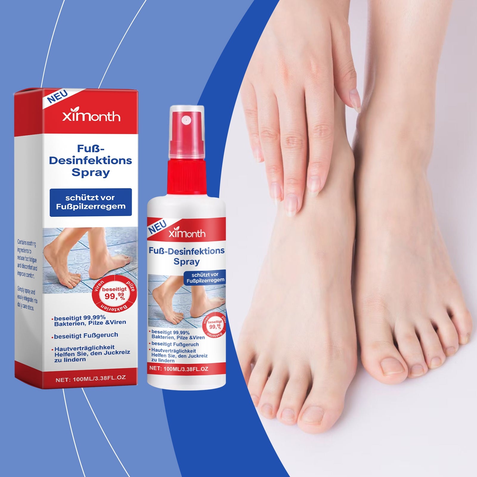 Clean healthy feet shown with packaged product on blue gradient background