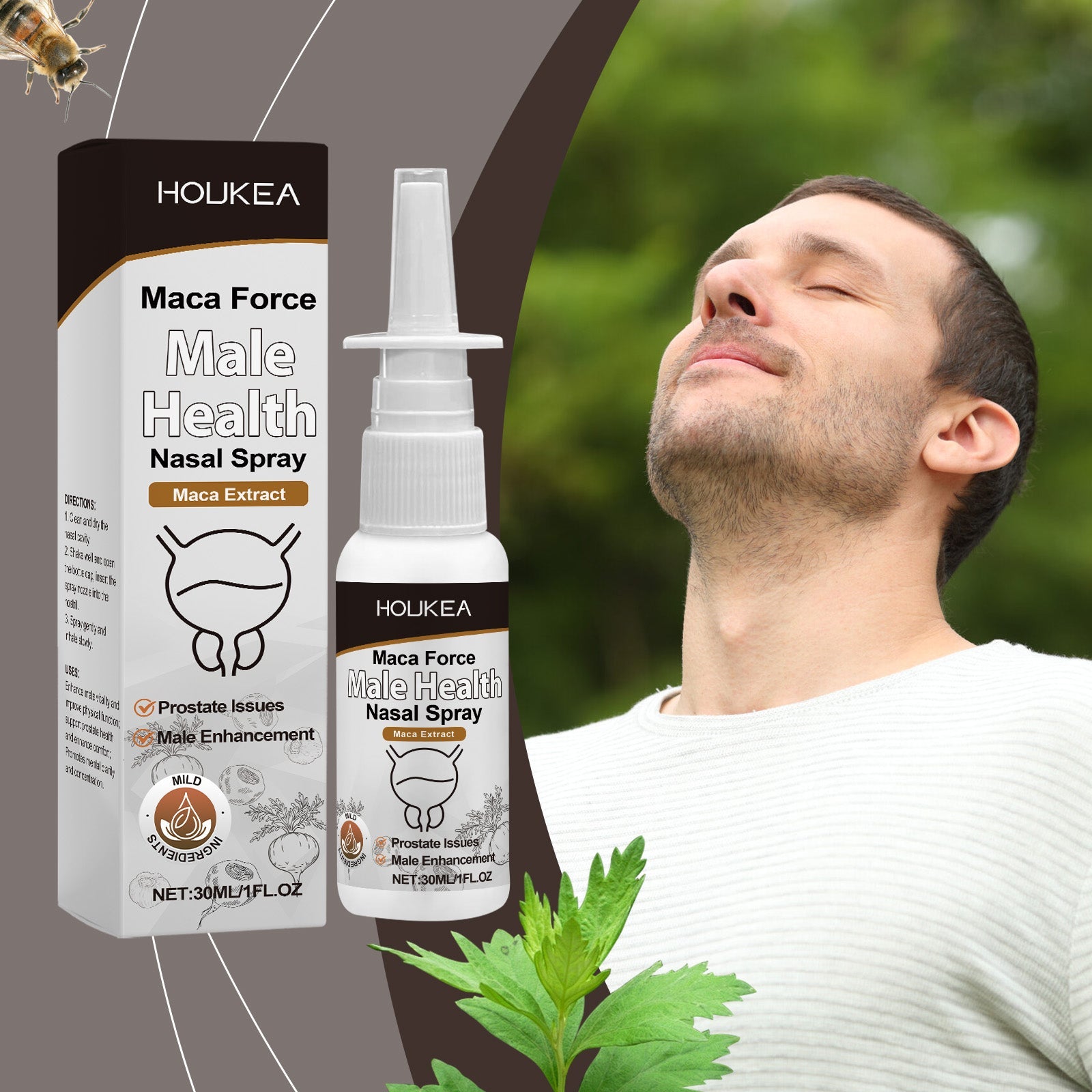 Man spraying nasal spray into nose outdoors with natural green background and maca plant imagery