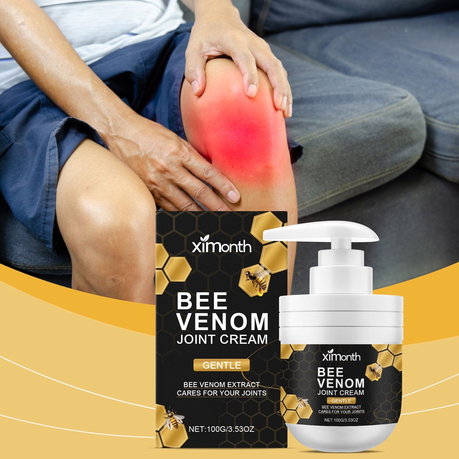 Man holding knee with red heat visualization showing joint pain, cream and packaging displayed beside him on golden background