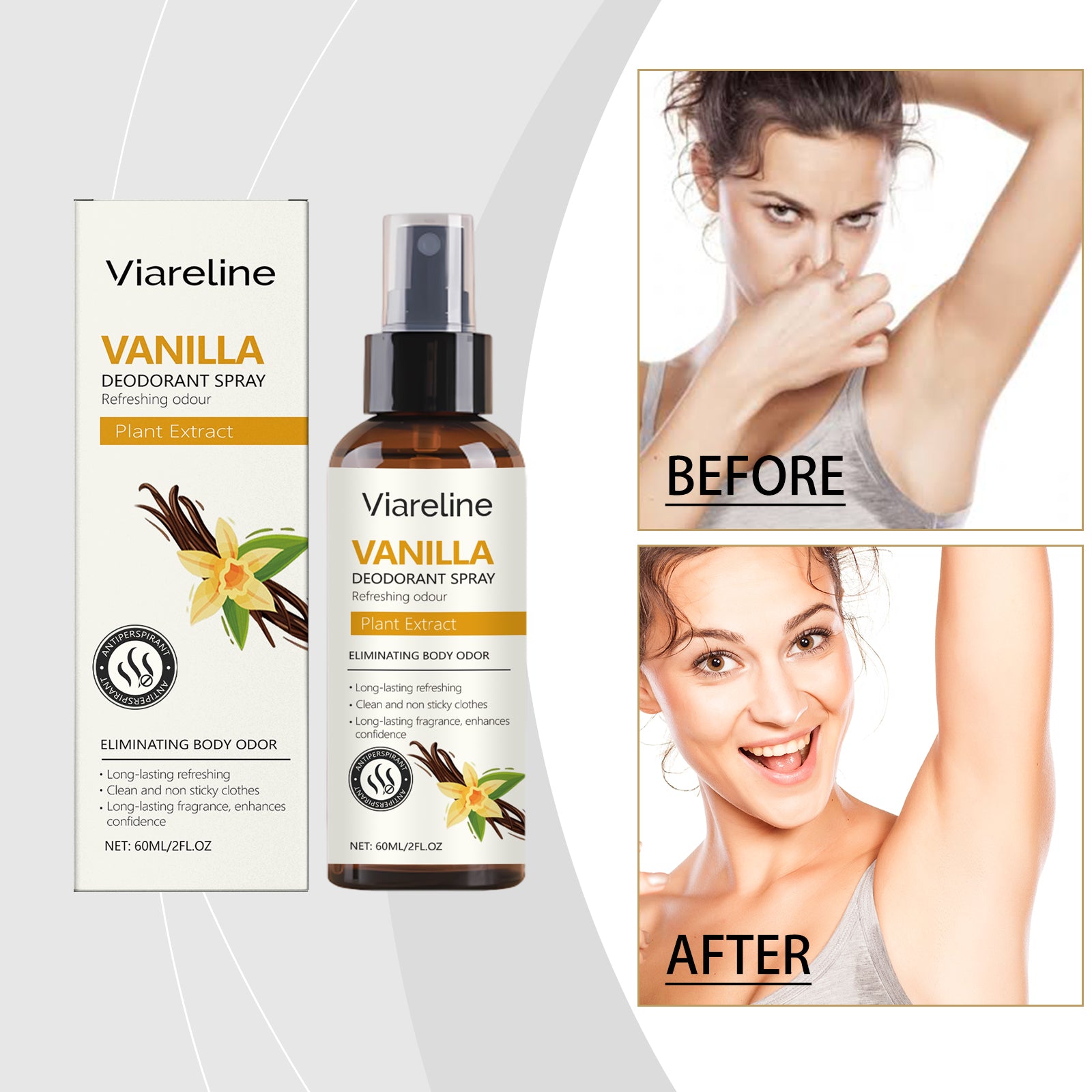 Product features and benefits displayed with lifestyle imagery showing spray application and no-residue formula advantage