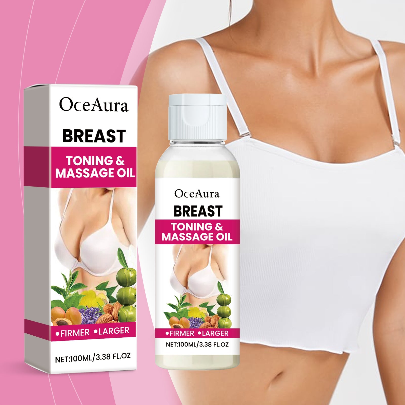 OceAura Breast Toning & Massage Oil product display showing both white box packaging and clear 100ml bottle with white cap