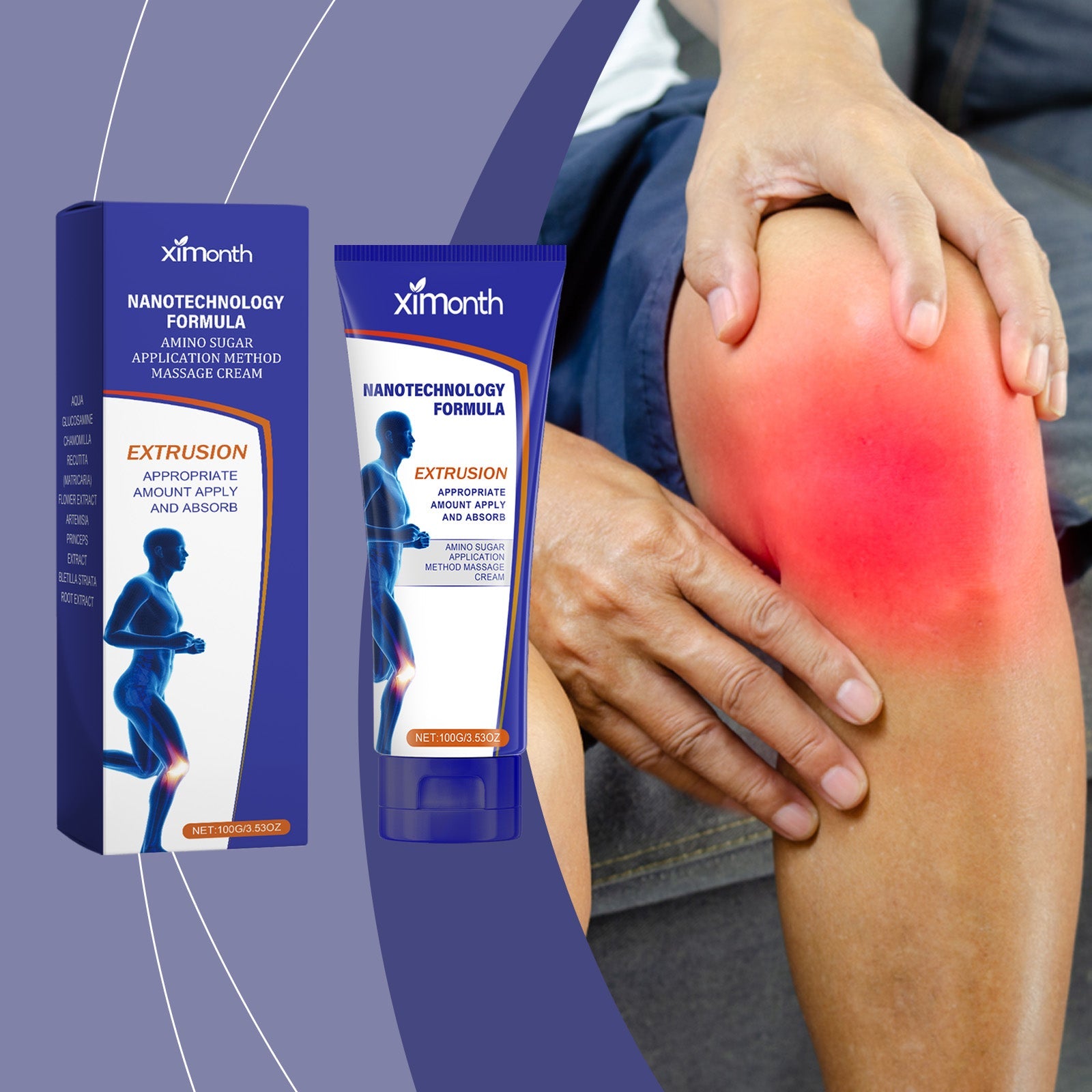 Woman applying cream to knee while sitting, with benefit callouts for 'QUICK RELIEF' and 'REDUCE STIFFNESS' plus botanical ingredient imagery