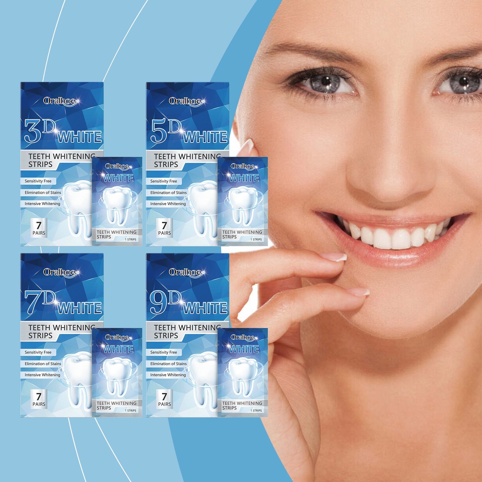 Four product boxes showing different intensity variants (3D, 5D, 7D, 9D White) with Oralho branding