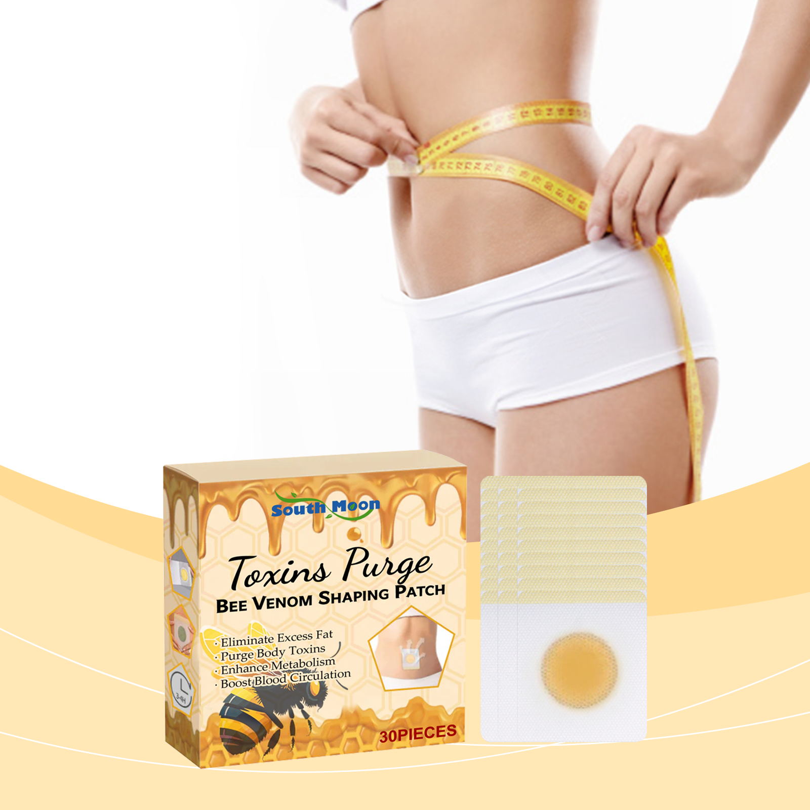 Woman measuring waist with yellow tape measure while wearing white shorts, with patch box and product displayed