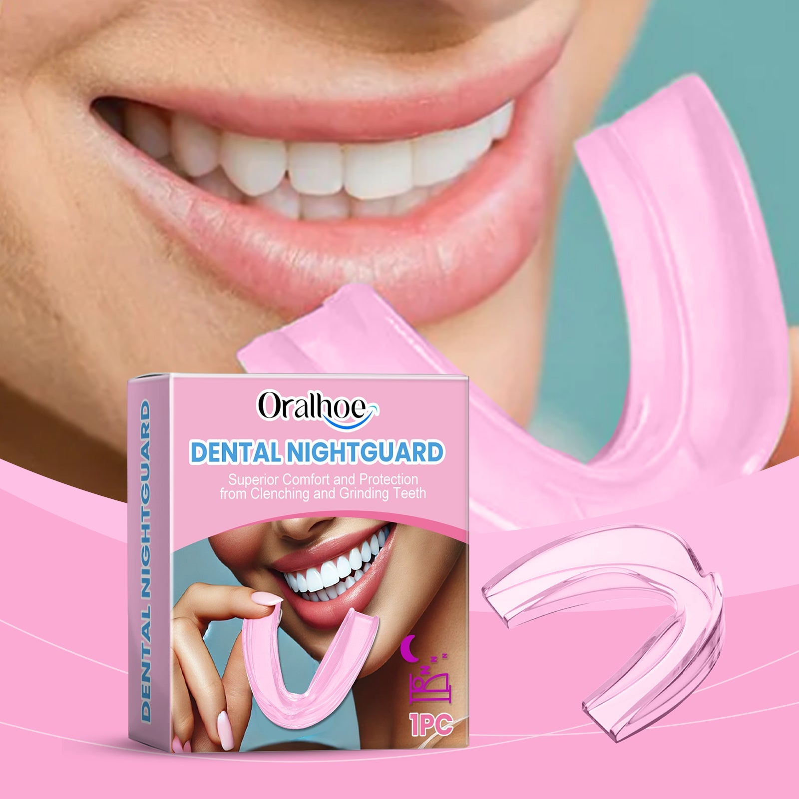 Close-up of healthy white smile with bright teeth and person holding pink nightguard