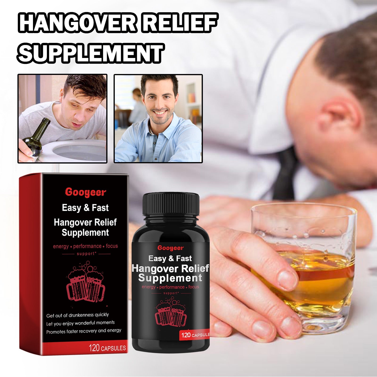 Before/after comparison showing man recovering from hangover symptoms then appearing healthy and functional with drink in hand