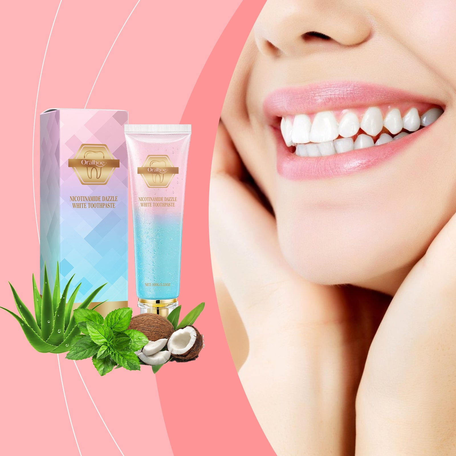 Woman smiling brightly against pink background with product and botanical ingredients (aloe, mint, coconut) displayed; before-state reference