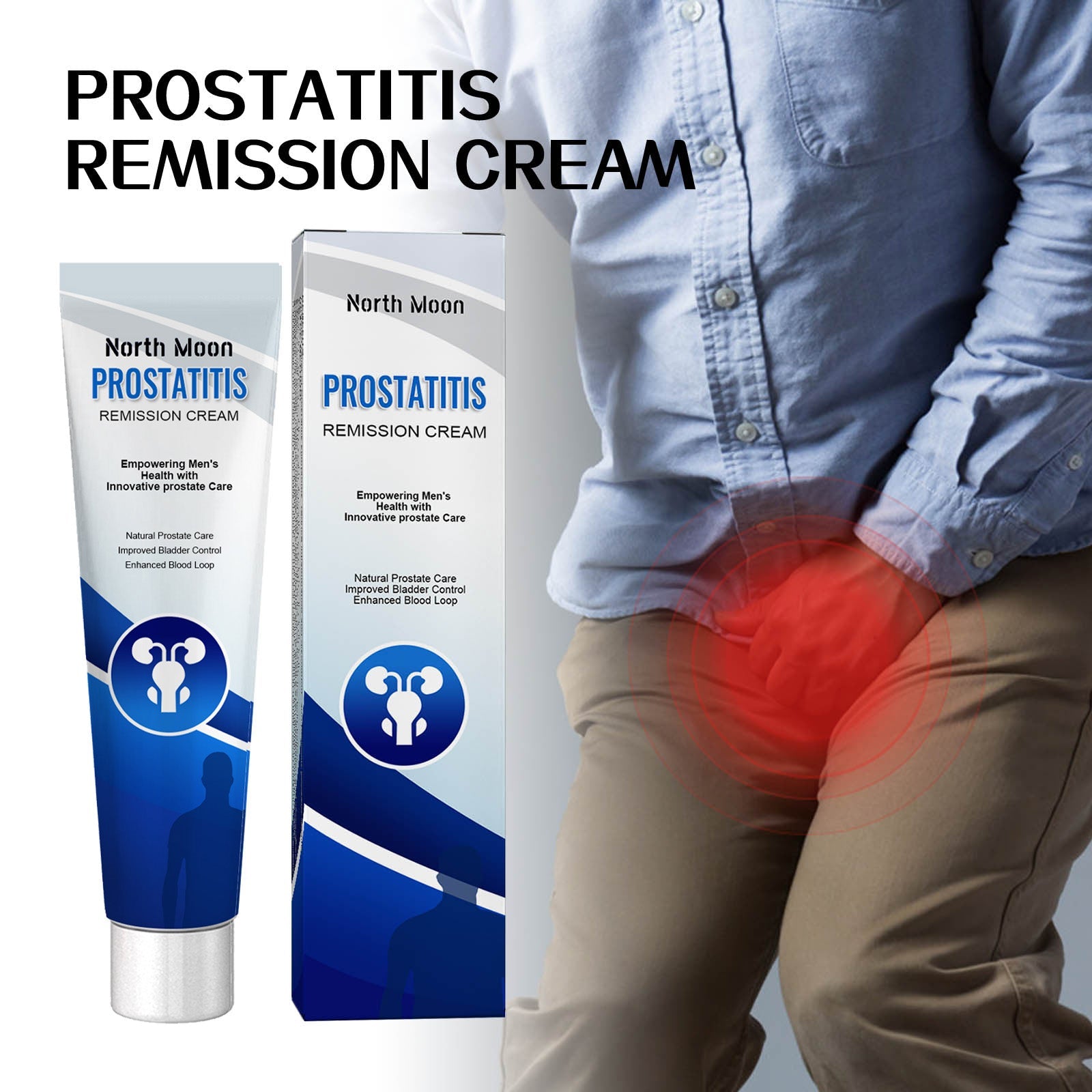 Man in blue shirt holding lower abdomen with red heat visualization indicating prostate discomfort area, flanked by product packaging