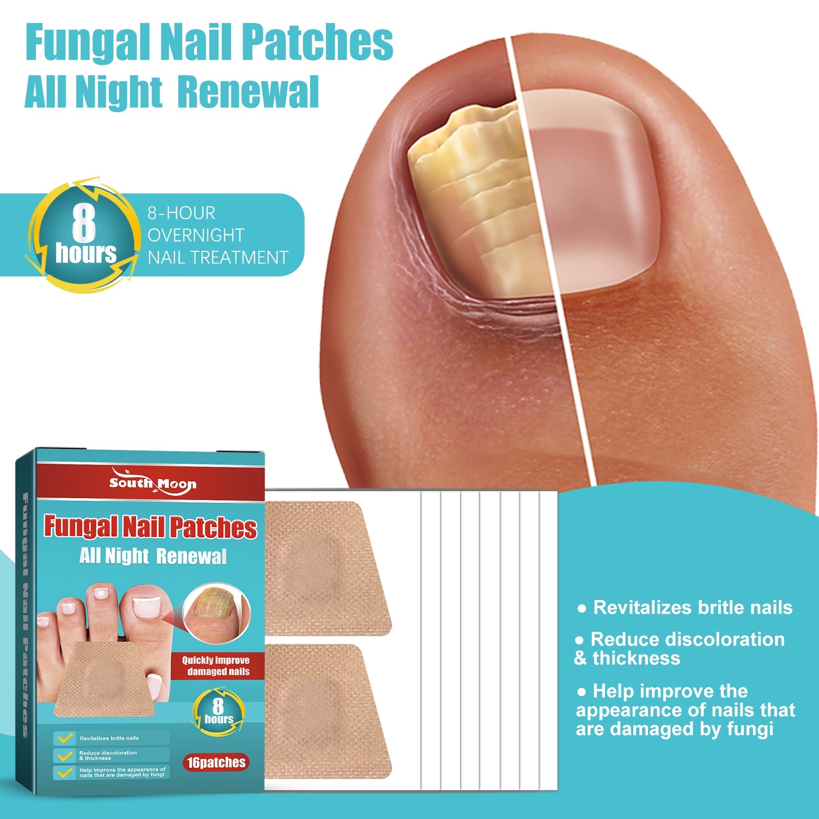 South Moon Fungal Nail Patches box with product claim hierarchy and 16-patch count displayed